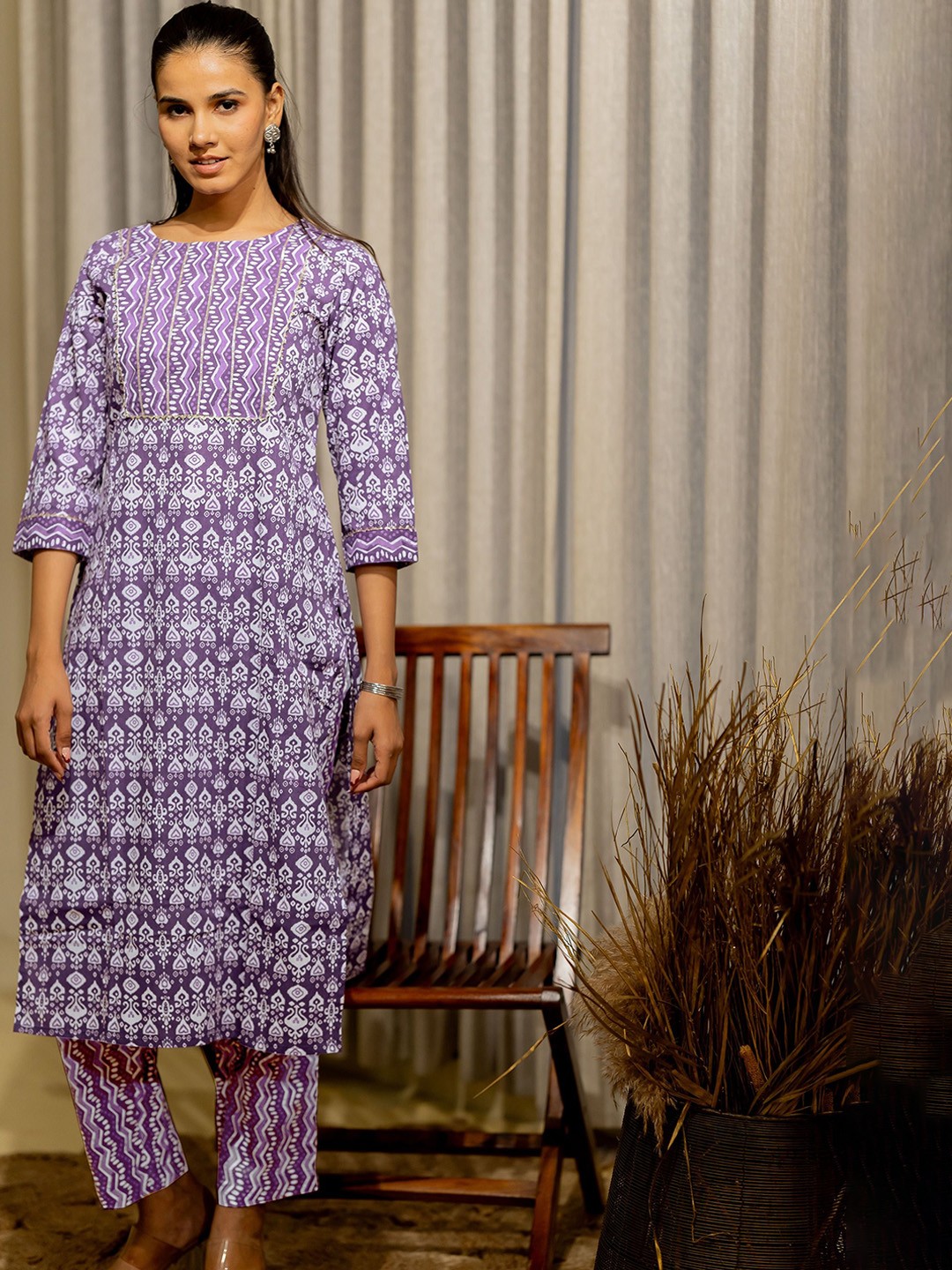 KALINI Women Ethnic Motifs Printed Regular Gotta Patti Pure Cotton Kurta with Trousers, Purple
KALINI Women Ethnic Motifs Printed Regular Gotta Patti Pure Cotton Kurta with Trousers, Purple