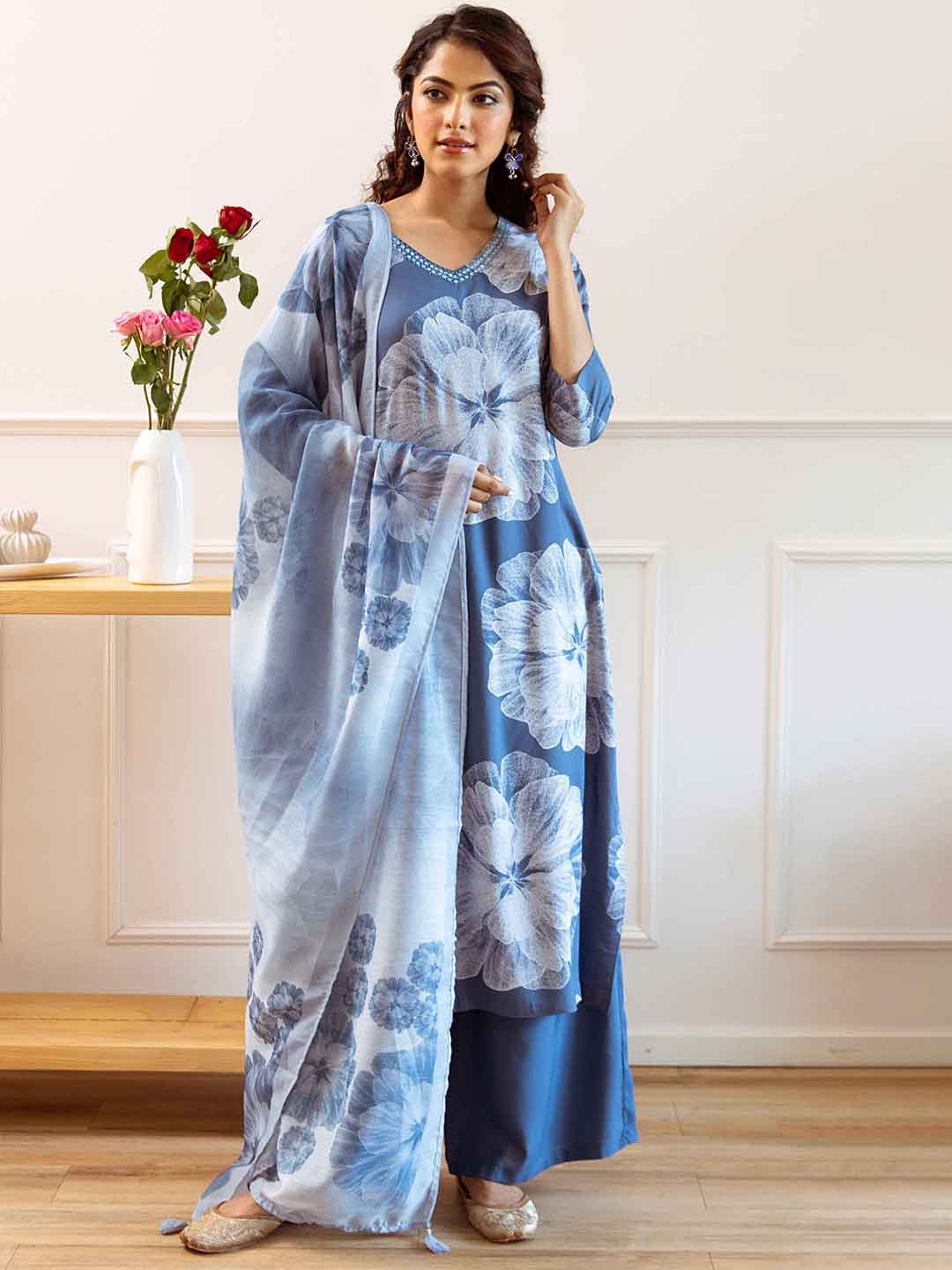 KALINI Women Floral Printed Regular Sequinned Kurta with Palazzos & With Dupatta, Blue
KALINI Women Floral Printed Regular Sequinned Kurta with Palazzos & With Dupatta, Blue