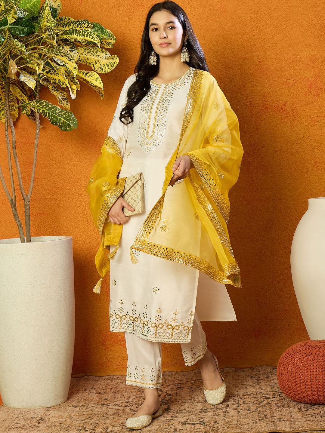 KALINI Women Embroidered Regular Mirror Work Kurta with Trousers & With Dupatta, White
KALINI Women Embroidered Regular Mirror Work Kurta with Trousers & With Dupatta, White