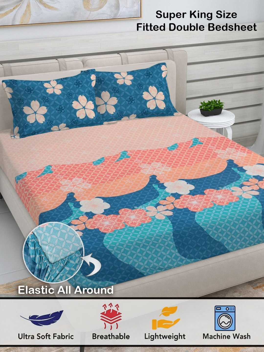 FABINALIV Pink & Blue Floral Print 300 TC Fitted Super King Bedsheet & 2 Pillow Covers
FABINALIV Pink & Blue Floral Print 300 TC Fitted Super King Bedsheet & 2 Pillow Covers