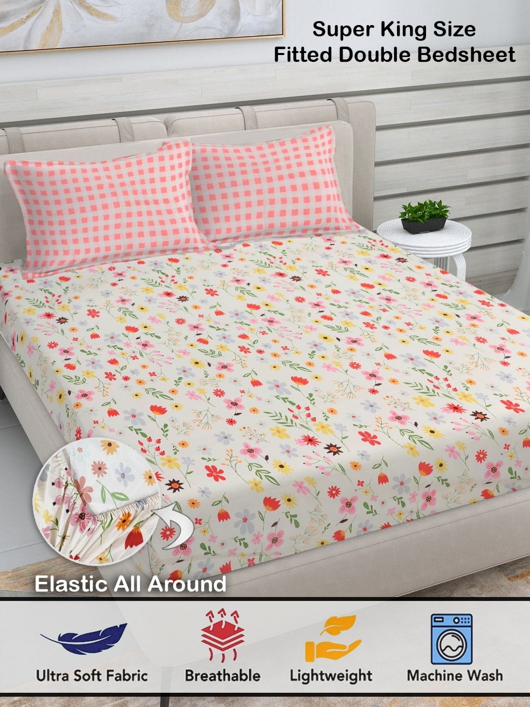 FABINALIV White & Green Floral Print 300 TC Fitted Super King Bedsheet & 2 Pillow Covers
FABINALIV White & Green Floral Print 300 TC Fitted Super King Bedsheet & 2 Pillow Covers