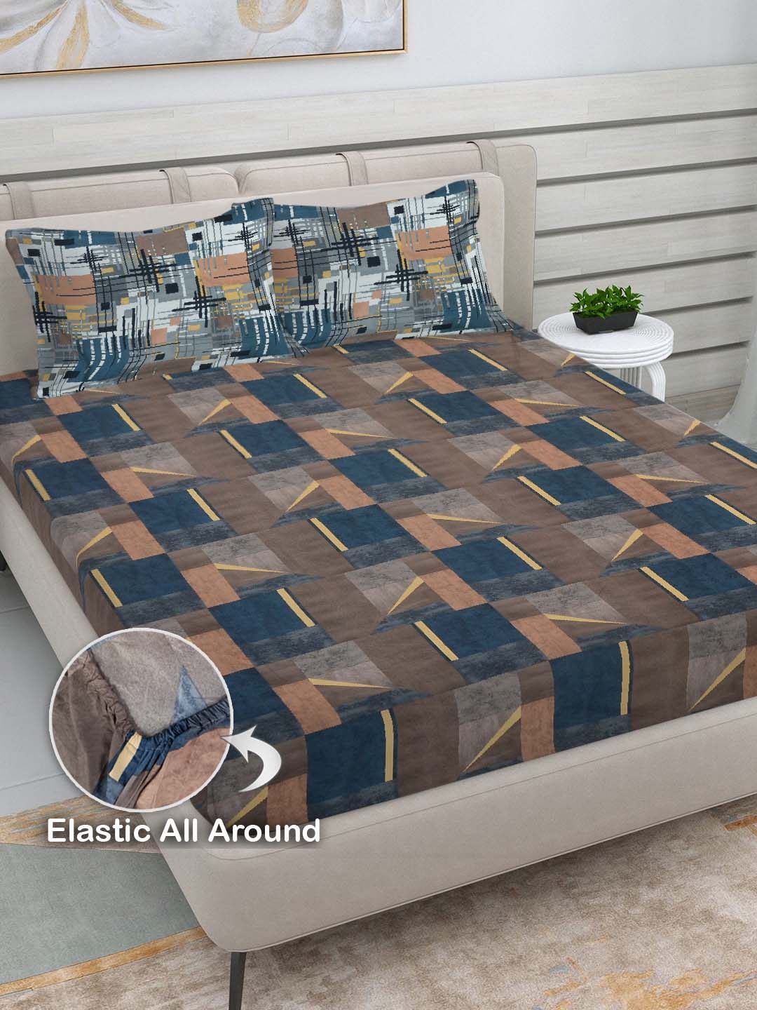 FABINALIV Blue & Brown Geometric Print 300 TC Fitted Super King Bedsheet & 2 Pillow Covers, Green
FABINALIV Blue & Brown Geometric Print 300 TC Fitted Super King Bedsheet & 2 Pillow Covers, Green