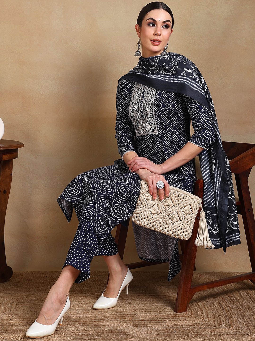 KALINI Women Bandhani Printed Regular Thread Work Kurta with Trousers & With Dupatta, Navy blue
KALINI Women Bandhani Printed Regular Thread Work Kurta with Trousers & With Dupatta, Navy blue