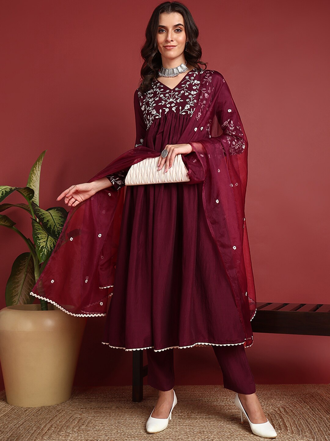 KALINI Women Floral Yoke Design Empire Thread Work Kurta with Trousers & With Dupatta, Burgundy
KALINI Women Floral Yoke Design Empire Thread Work Kurta with Trousers & With Dupatta, Burgundy