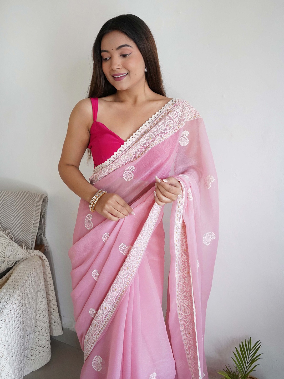 Vastrasky Global Paisley Embroidered Organza Saree, Pink