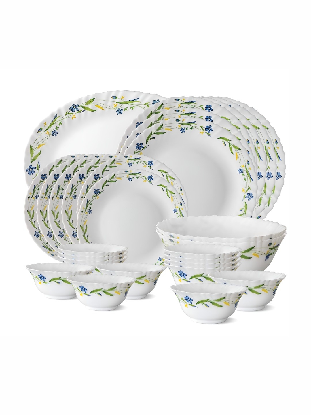 Larah by BOROSIL Fluted Cripper White & Green 27 Pc Printed Opalware Dinner Set
Larah by BOROSIL Fluted Cripper White & Green 27 Pc Printed Opalware Dinner Set