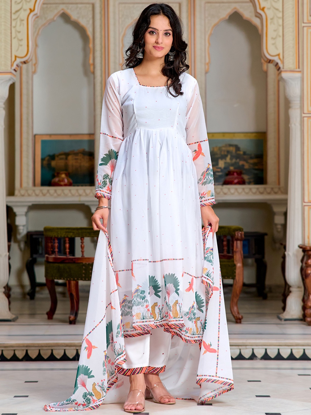 KALINI Women Floral Printed Pleated Gotta Patti Silk Georgette Kurta with Trousers & With Dupatta, Off white
KALINI Women Floral Printed Pleated Gotta Patti Silk Georgette Kurta with Trousers & With Dupatta, Off white