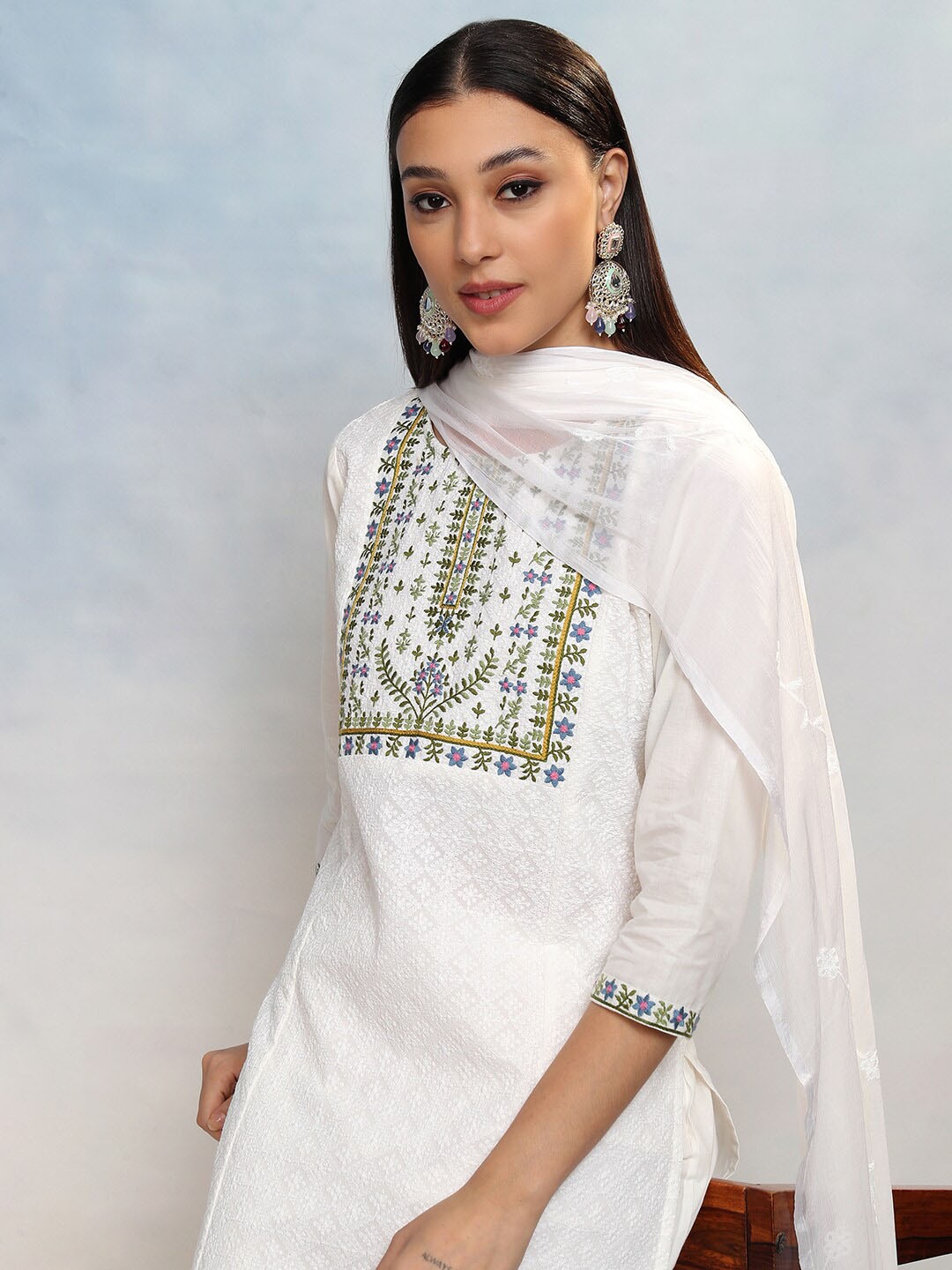Vishudh Women Embroidered Thread Work Pure Cotton Kurta with Trousers & Dupatta, White
Vishudh Women Embroidered Thread Work Pure Cotton Kurta with Trousers & Dupatta, White