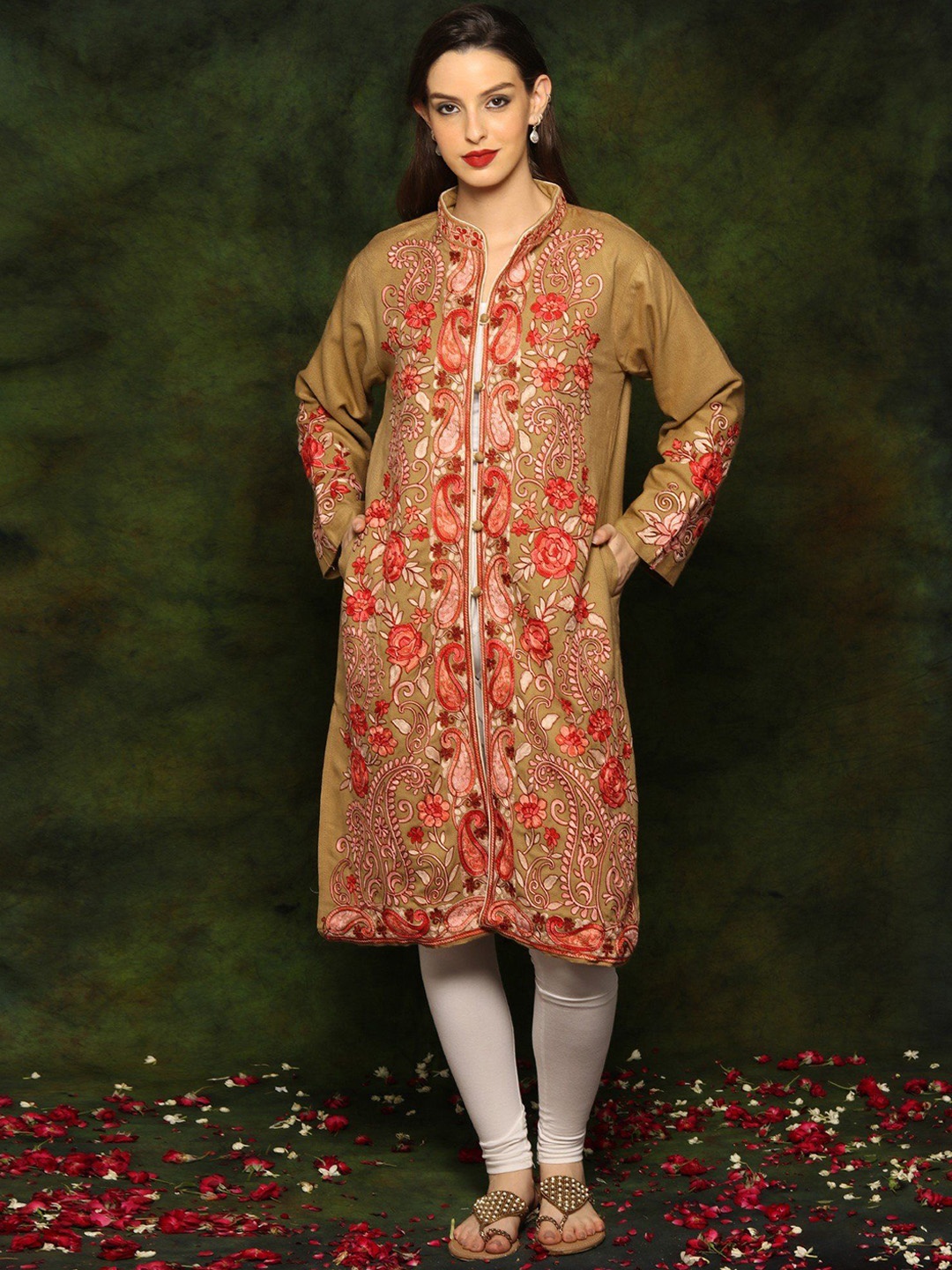 Exotic India Light Brown Wool Kashmiri Long Jacket with Floral and Paisley Aari Embroidery
Exotic India Light Brown Wool Kashmiri Long Jacket with Floral and Paisley Aari Embroidery