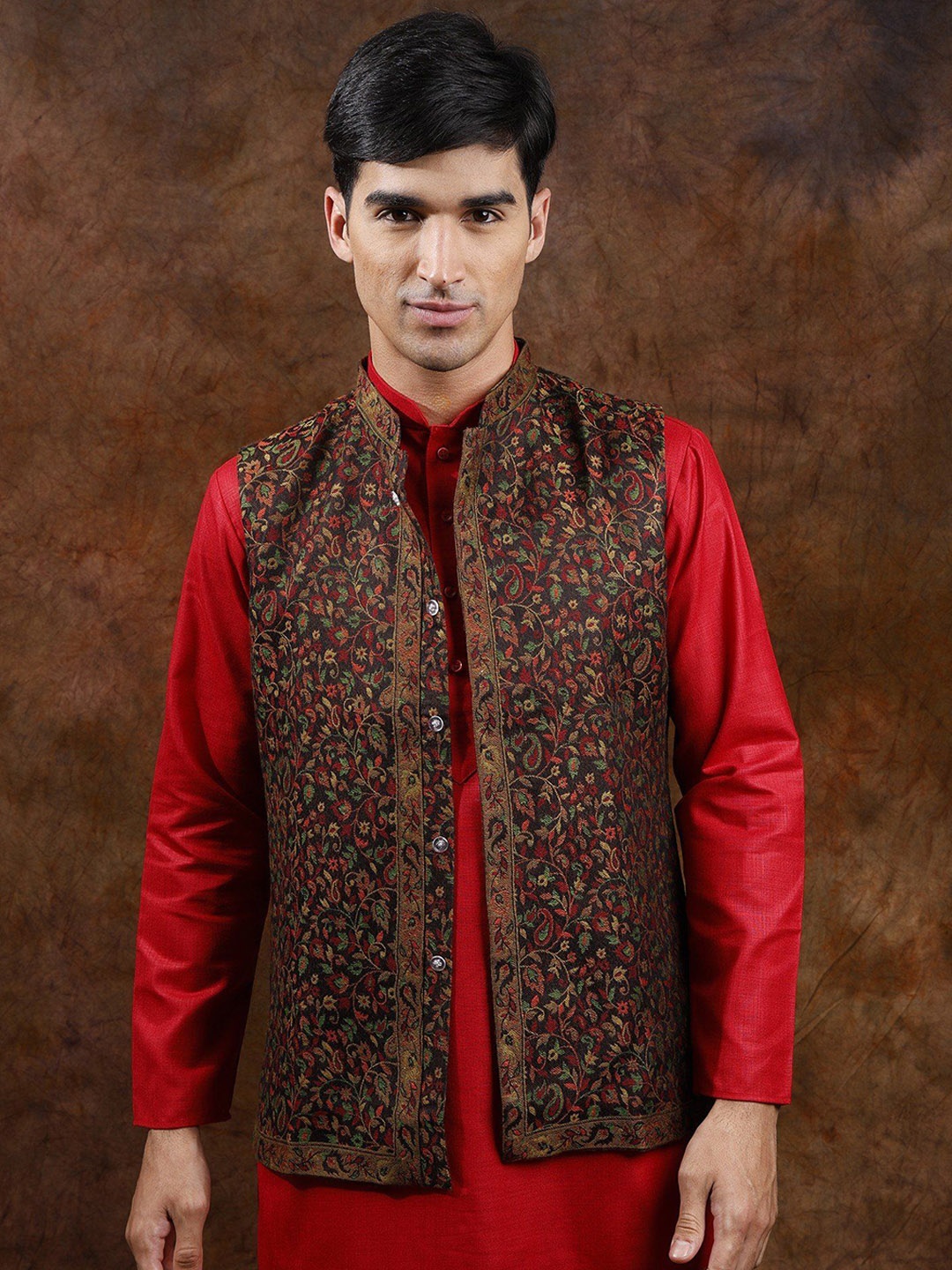 Exotic India Slate Black Wool Kani Jamawar Nehru Jacket with Woven Flowers and Paiselys
Exotic India Slate Black Wool Kani Jamawar Nehru Jacket with Woven Flowers and Paiselys