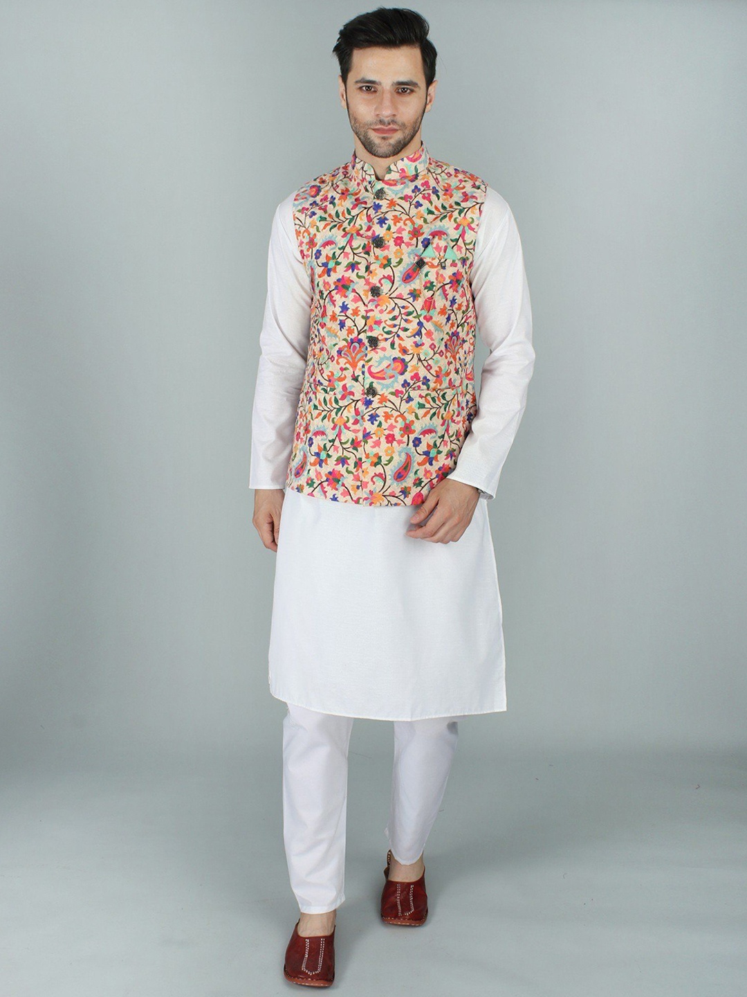 Exotic India Cream Chikan Ethnic Nehru Jacket Waist Coat with Multicolor Kani Print, Off white
Exotic India Cream Chikan Ethnic Nehru Jacket Waist Coat with Multicolor Kani Print, Off white