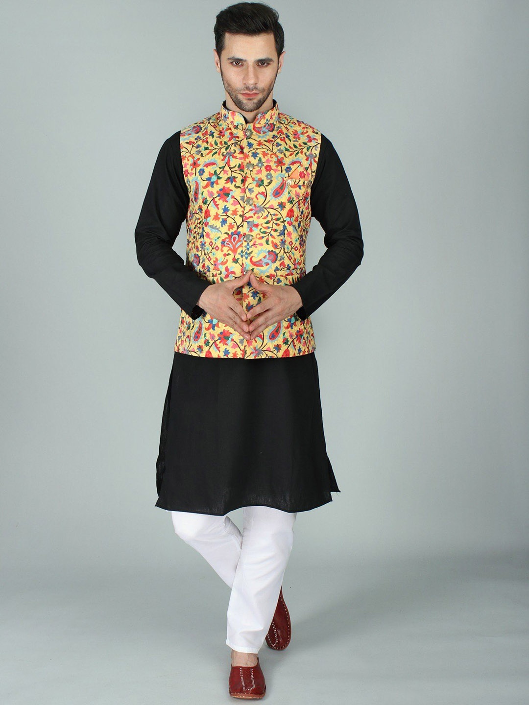 Exotic India Yellow Chikan Ethnic Nehru Jacket Waist Coat with Multicolor Kani Print
Exotic India Yellow Chikan Ethnic Nehru Jacket Waist Coat with Multicolor Kani Print