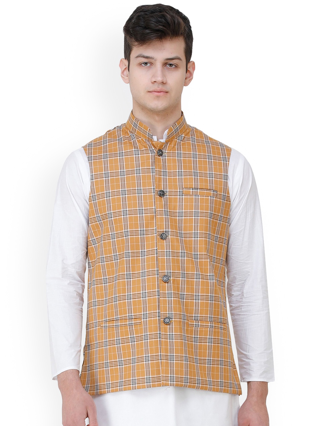 Exotic India Apple Cinnamon Double Check Pattern Nehru Jacket with Front Pockets, Yellow
Exotic India Apple Cinnamon Double Check Pattern Nehru Jacket with Front Pockets, Yellow