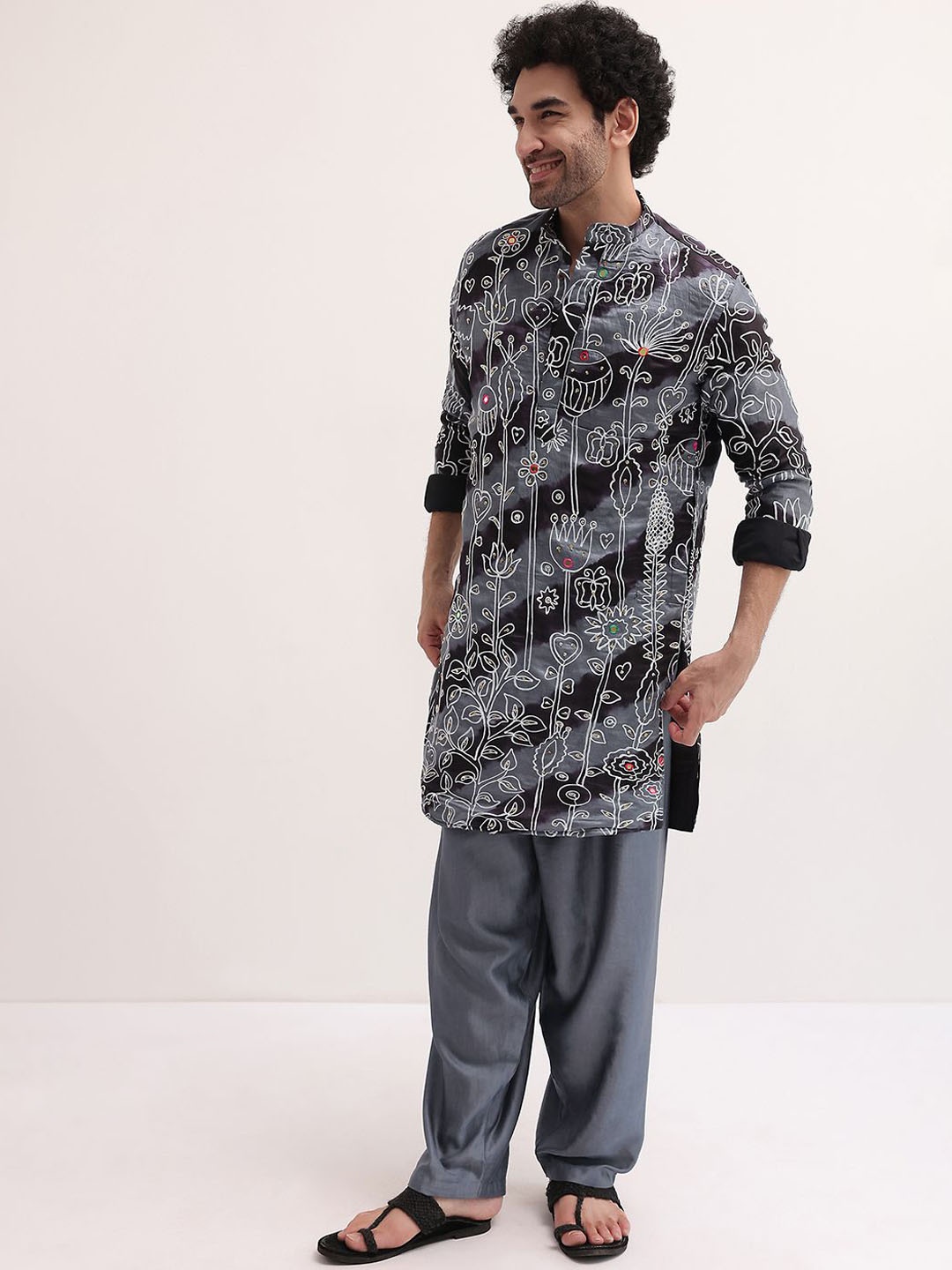 KALKI Fashion Men Floral Printed Regular Mirror Work Linen Kurta with Salwar, Black
KALKI Fashion Men Floral Printed Regular Mirror Work Linen Kurta with Salwar, Black