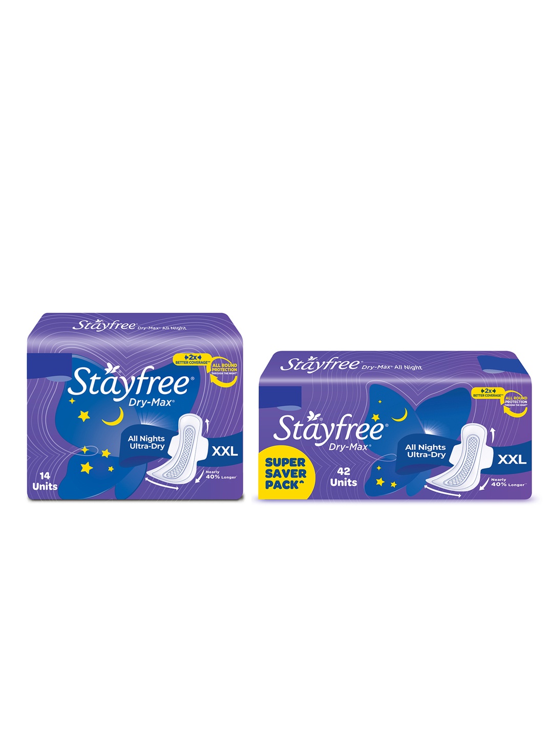 Stayfree Set of 2 Dry Max All-Night Ultra Dry XXL Sanitary Napkins - 14 Pads & 42 Pads, Purple
Stayfree Set of 2 Dry Max All-Night Ultra Dry XXL Sanitary Napkins - 14 Pads & 42 Pads, Purple