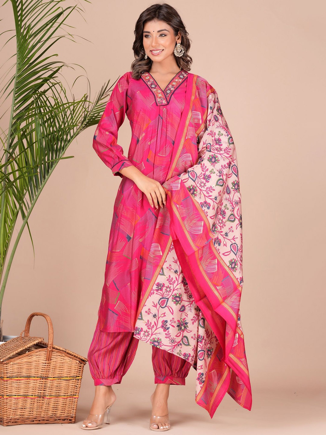 KALINI Women Ethnic Motifs Printed Regular Beads and Stones Kurta with Trousers & Dupatta, Pink
KALINI Women Ethnic Motifs Printed Regular Beads and Stones Kurta with Trousers & Dupatta, Pink
