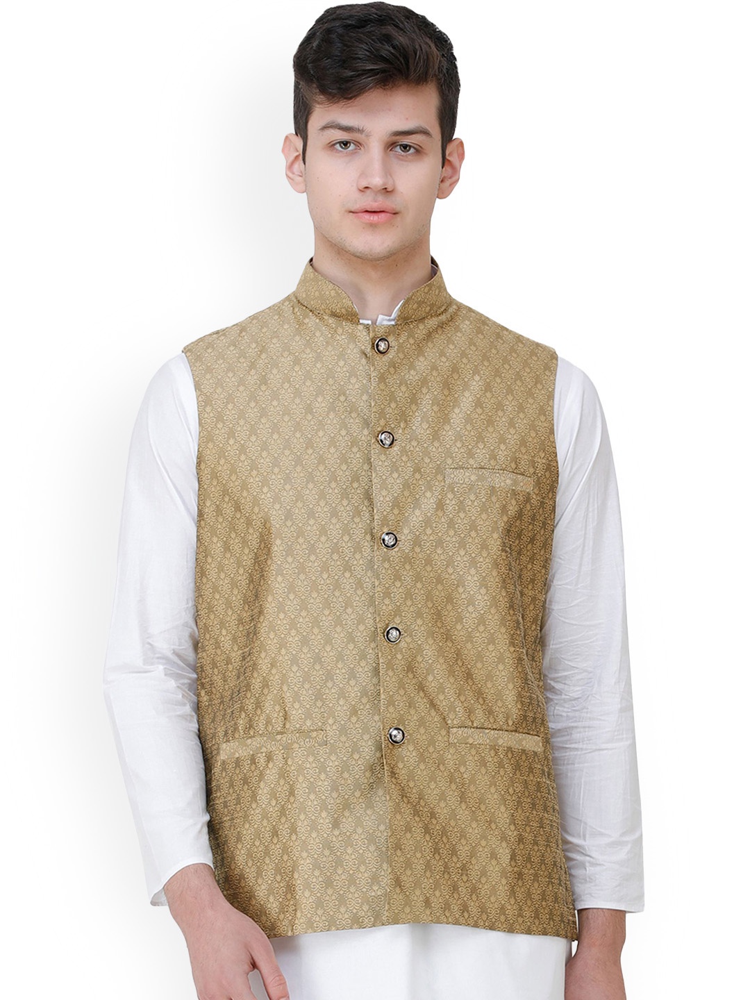 Exotic India Antelope Wedding Waistcoat with Jacquard Woven Bootis and Front Pockets, Beige
Exotic India Antelope Wedding Waistcoat with Jacquard Woven Bootis and Front Pockets, Beige