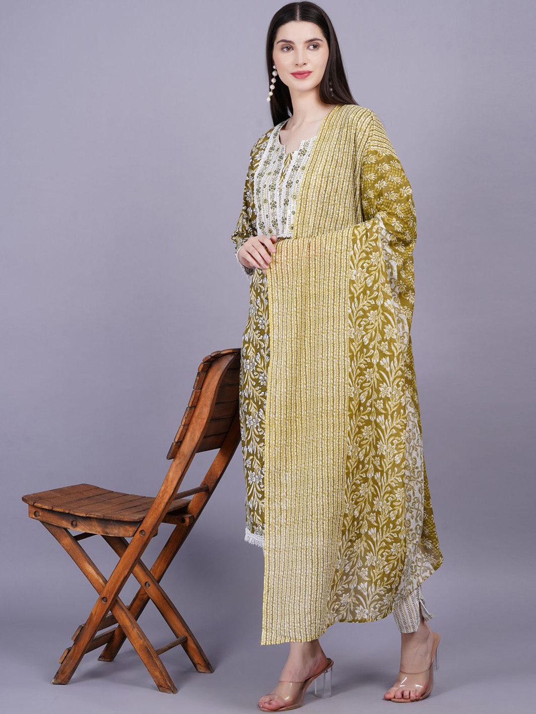 KALINI Women Printed Regular Mirror Work Pure Cotton Kurta with Trousers & With Dupatta, Olive
KALINI Women Printed Regular Mirror Work Pure Cotton Kurta with Trousers & With Dupatta, Olive