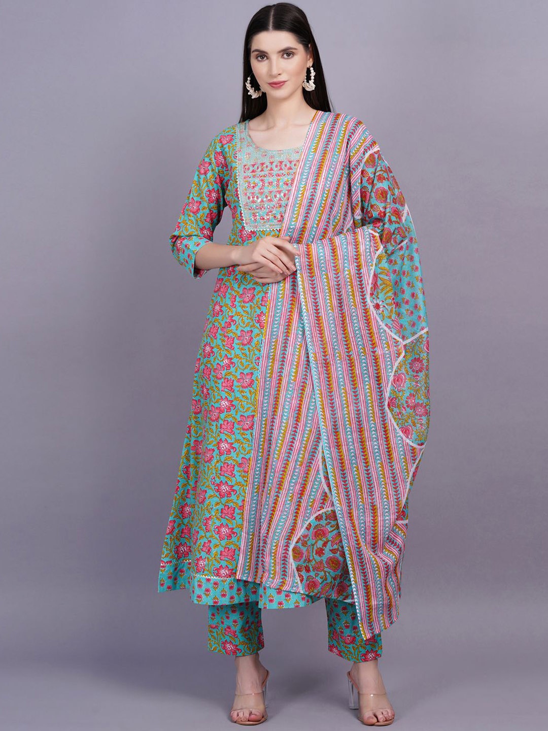 KALINI Women Floral Regular Mirror Work Pure Cotton Kurta with Trousers & Dupatta, Green
KALINI Women Floral Regular Mirror Work Pure Cotton Kurta with Trousers & Dupatta, Green