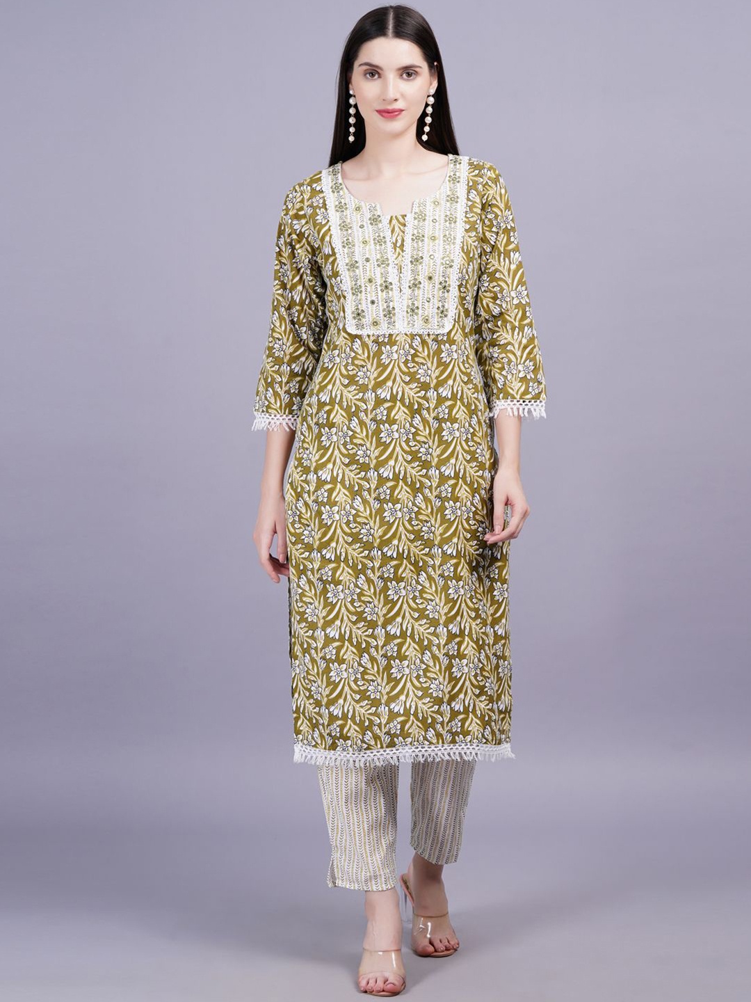 HIGHLIGHT FASHION EXPORT Women Floral Printed Mirror Work Pure Cotton Kurta with Trousers, Olive
HIGHLIGHT FASHION EXPORT Women Floral Printed Mirror Work Pure Cotton Kurta with Trousers, Olive