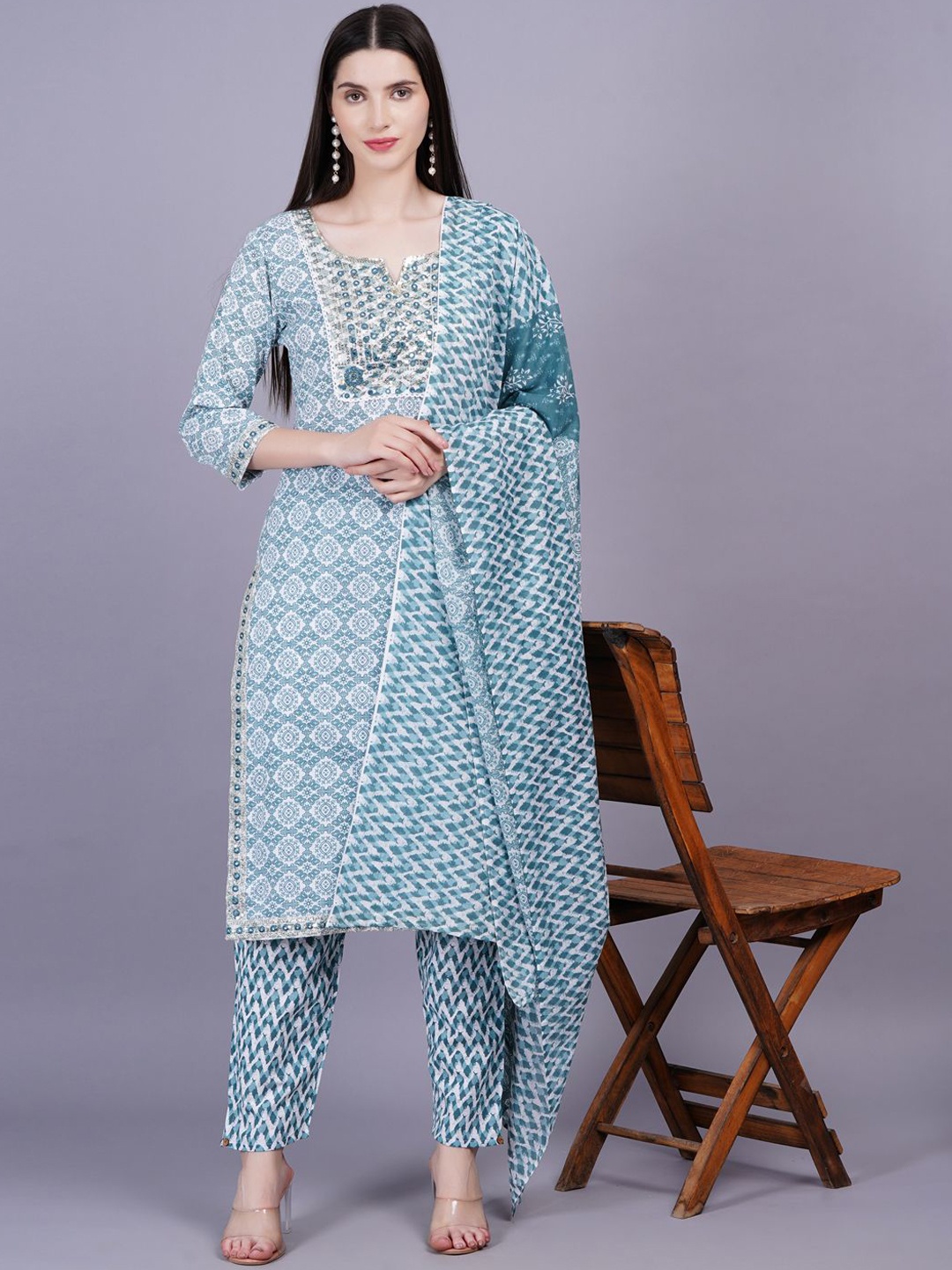 HIGHLIGHT FASHION EXPORT Women Printed Mirror Work Pure Cotton Kurta Set With Dupatta, Blue
HIGHLIGHT FASHION EXPORT Women Printed Mirror Work Pure Cotton Kurta Set With Dupatta, Blue