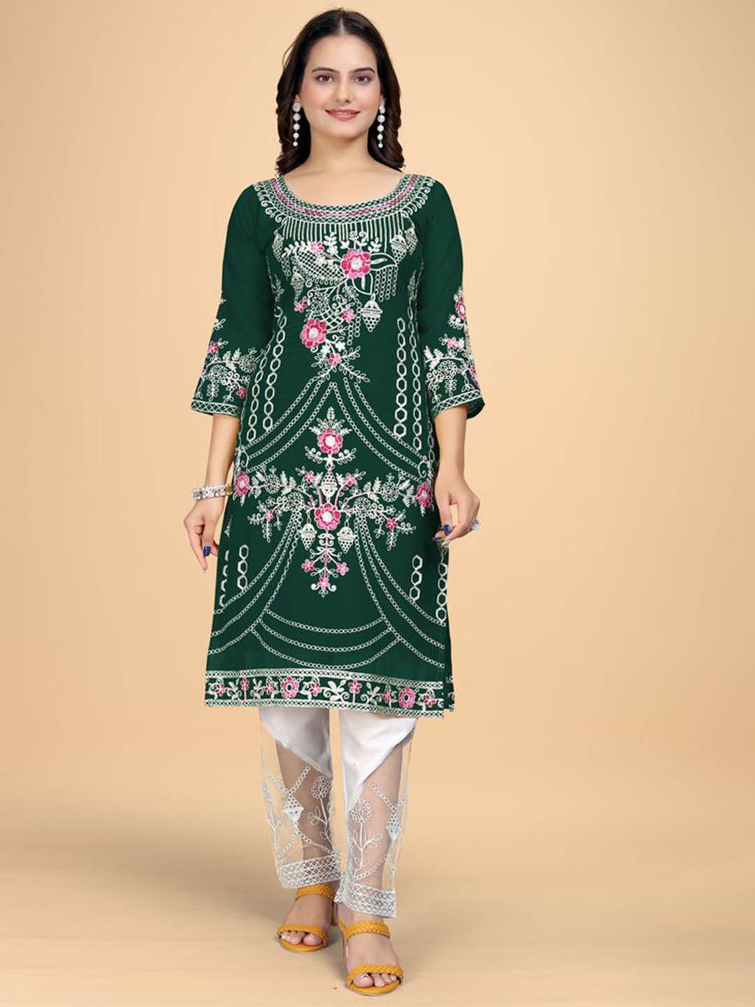 Fashion FRICKS Women Floral Embroidered Regular Thread Work Kurti with Trousers, Green
Fashion FRICKS Women Floral Embroidered Regular Thread Work Kurti with Trousers, Green