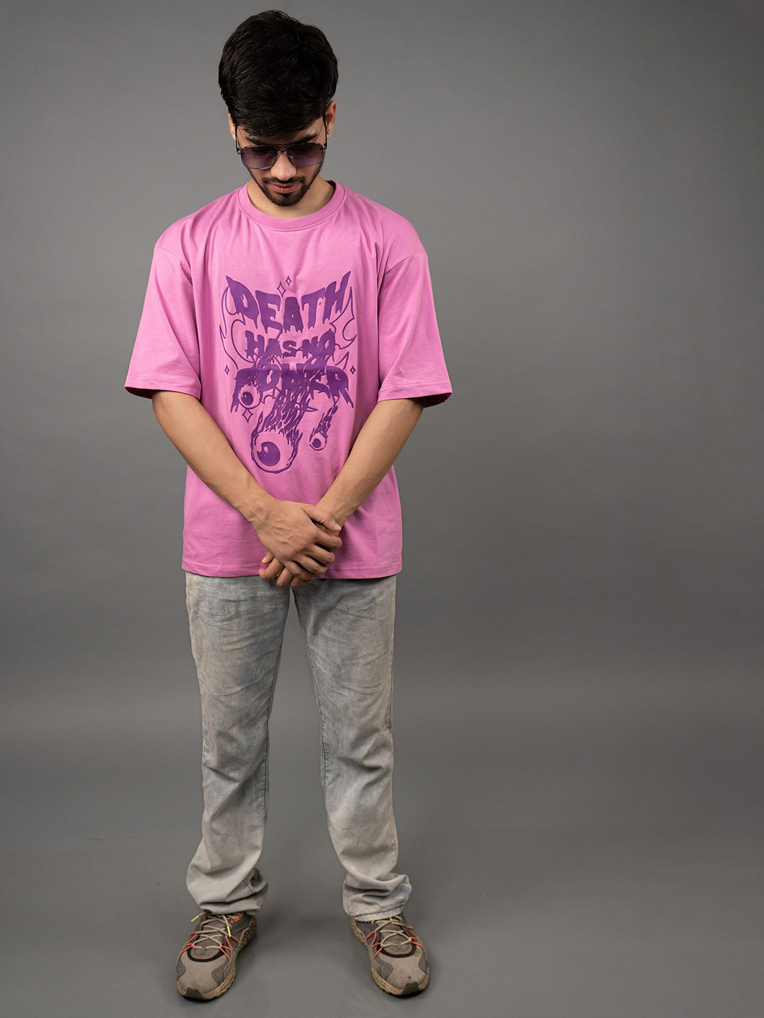 Skewdeck Men Typography Printed Round Neck Oversized T-shirt, Pink 
Skewdeck Men Typography Printed Round Neck Oversized T-shirt, Pink