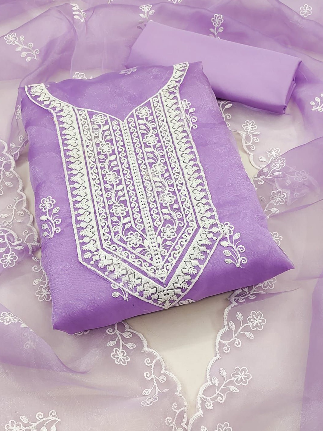 mimi design Organza Unstitched Dress Material, Violet