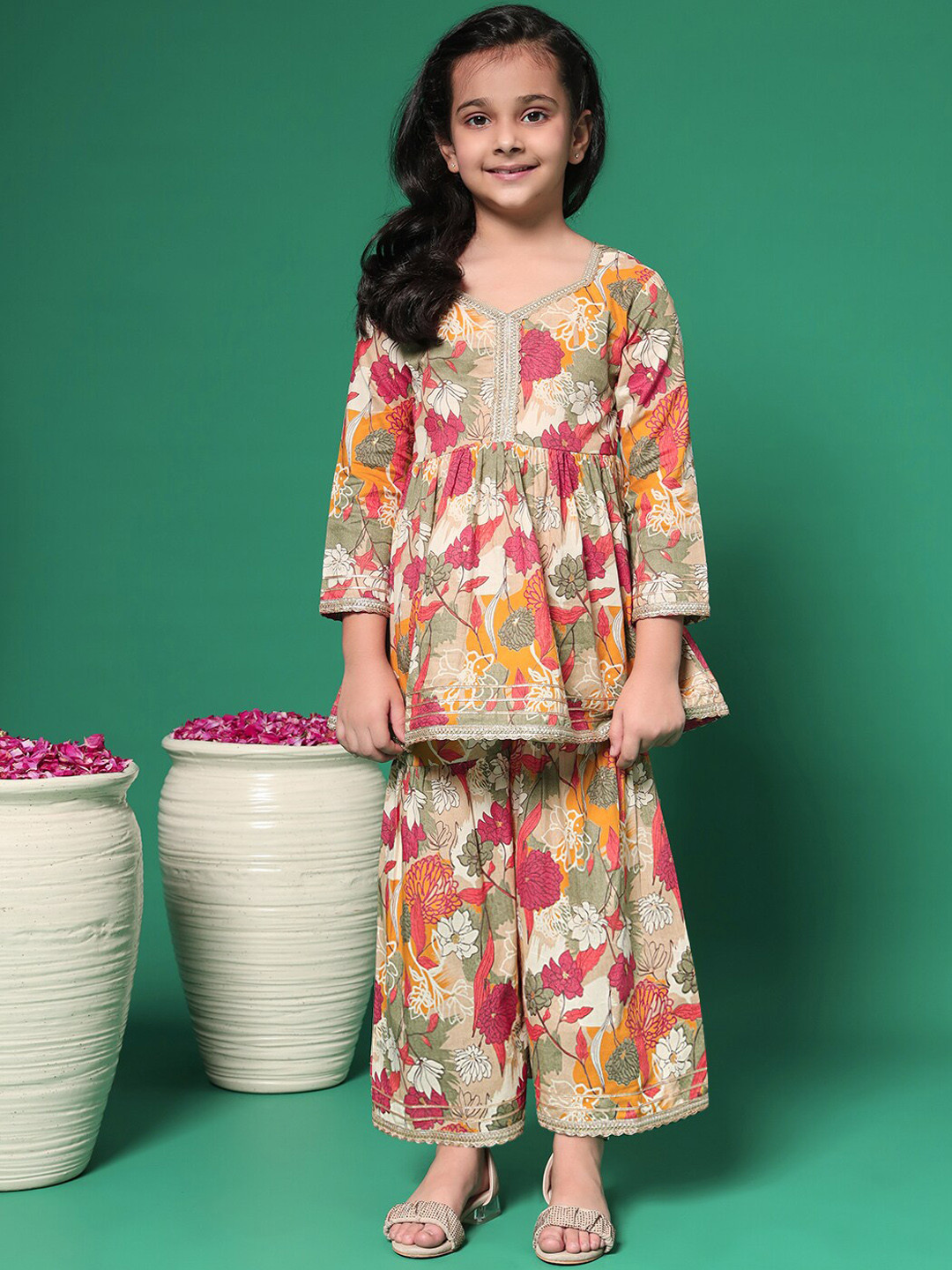 Readiprint Girls Floral Printed Pleated Gotta Patti Pure Cotton Kurti with Sharara, Mustard
Readiprint Girls Floral Printed Pleated Gotta Patti Pure Cotton Kurti with Sharara, Mustard