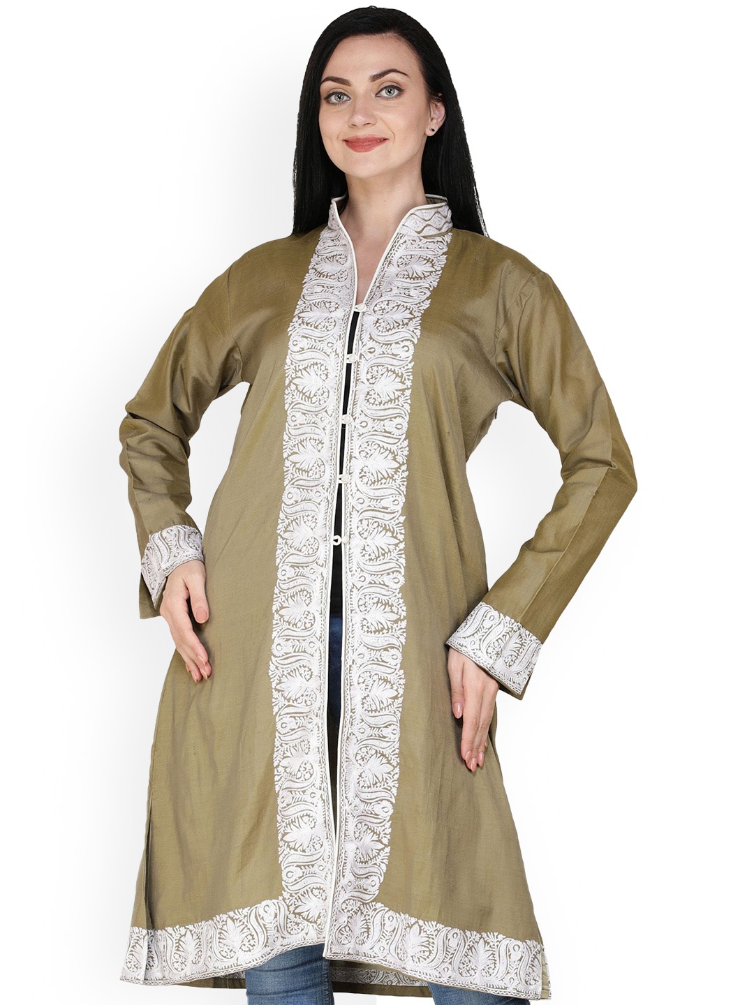 Exotic India Dried Herb Long Kashmiri Jacket with Aari Embroidered Florals on Border, Green
Exotic India Dried Herb Long Kashmiri Jacket with Aari Embroidered Florals on Border, Green