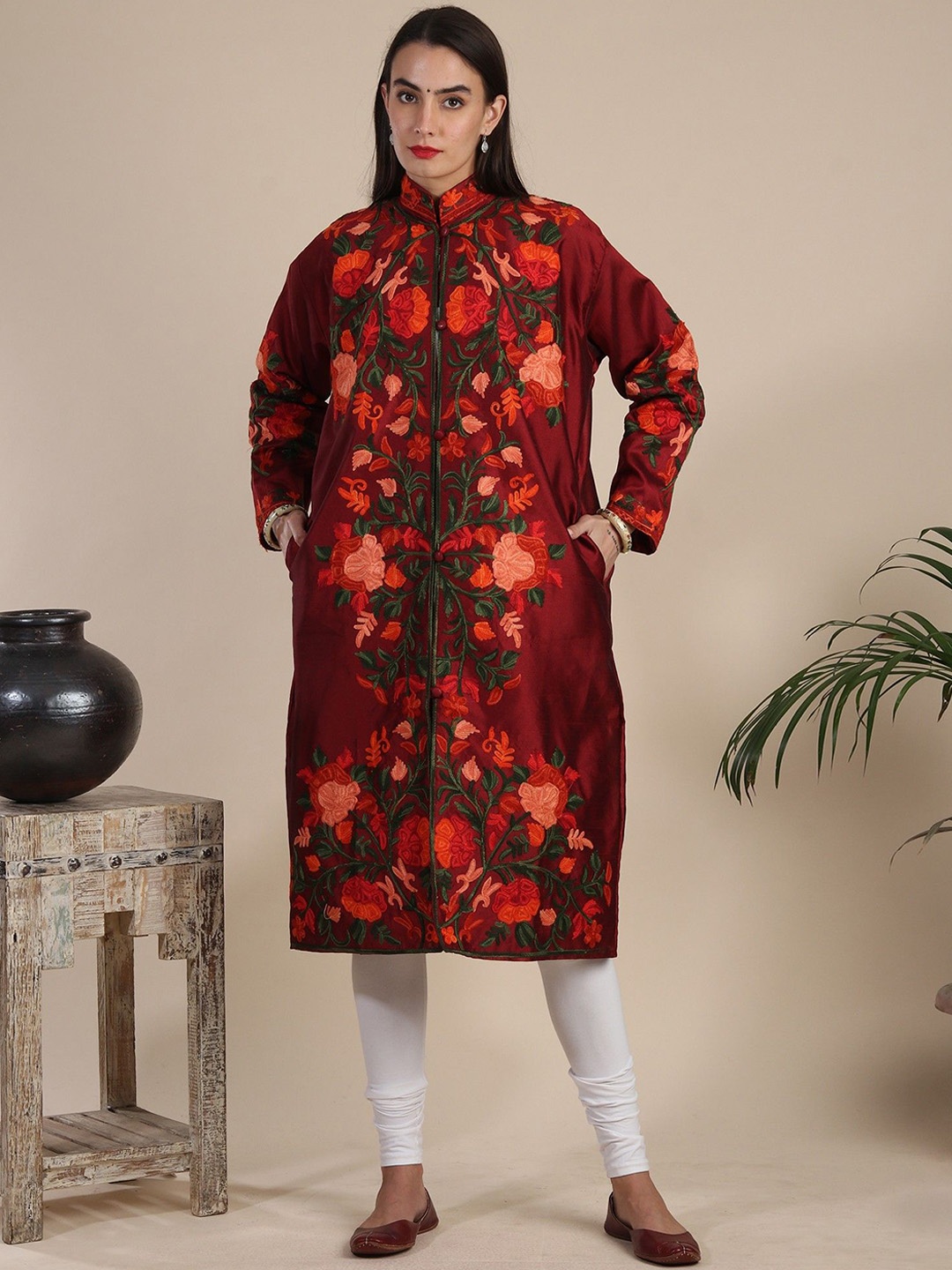 Exotic India Haute Red Art Silk Kashmiri Long Jacket with Aari-Embroidered Floral Vine
Exotic India Haute Red Art Silk Kashmiri Long Jacket with Aari-Embroidered Floral Vine