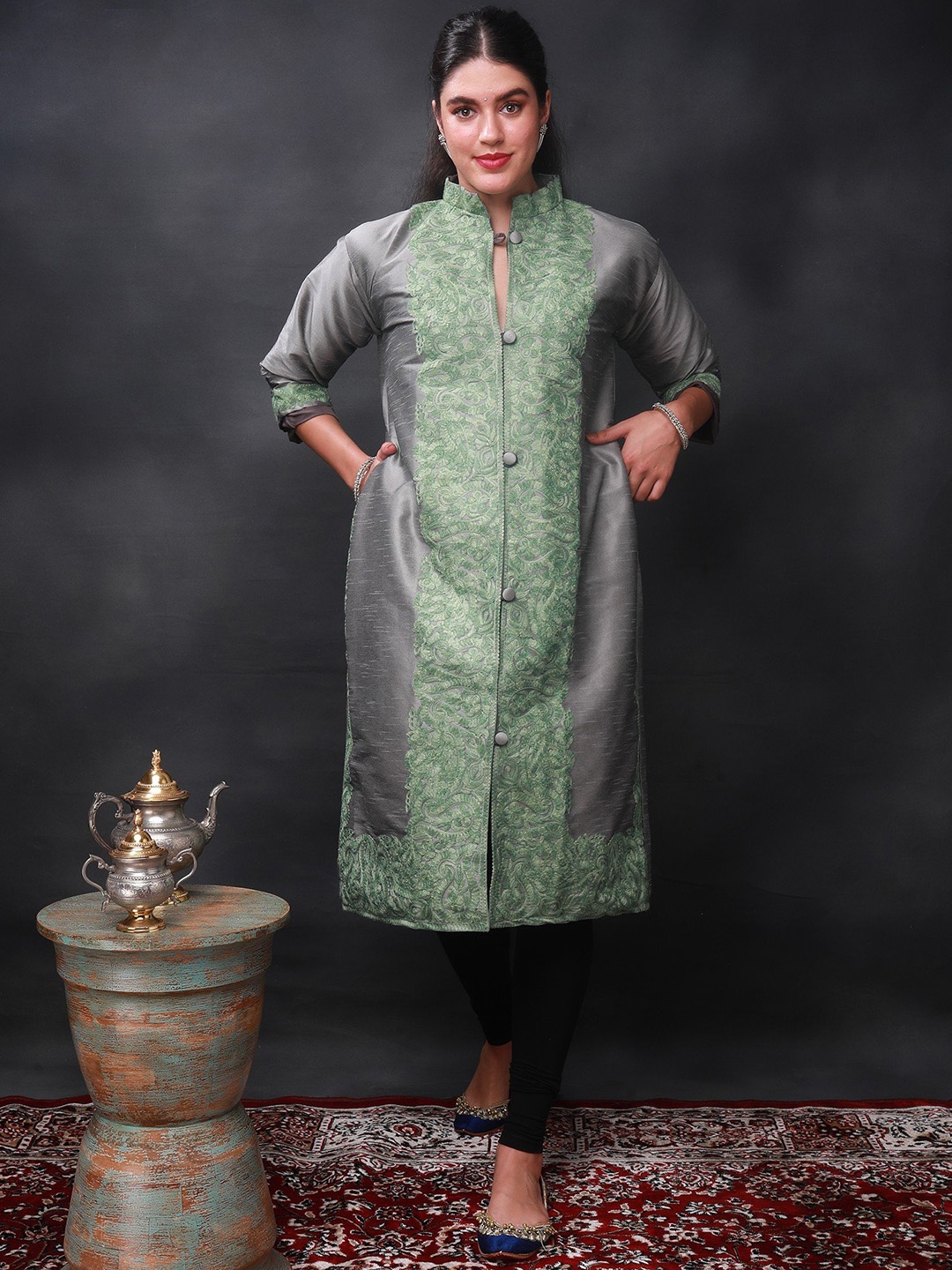 Exotic India Silver Gray Kashmiri Long Jacket with Aari-Embroidered Paisley-Floral Vine
Exotic India Silver Gray Kashmiri Long Jacket with Aari-Embroidered Paisley-Floral Vine