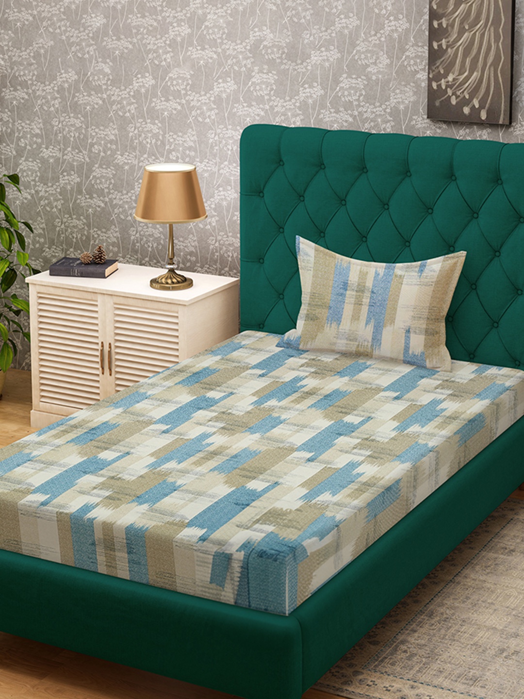 KLOTTHE Beige Geometric Printed Pure Cotton Fitted 400 TC Single Bedsheet & Pillow Cover, Blue
KLOTTHE Beige Geometric Printed Pure Cotton Fitted 400 TC Single Bedsheet & Pillow Cover, Blue