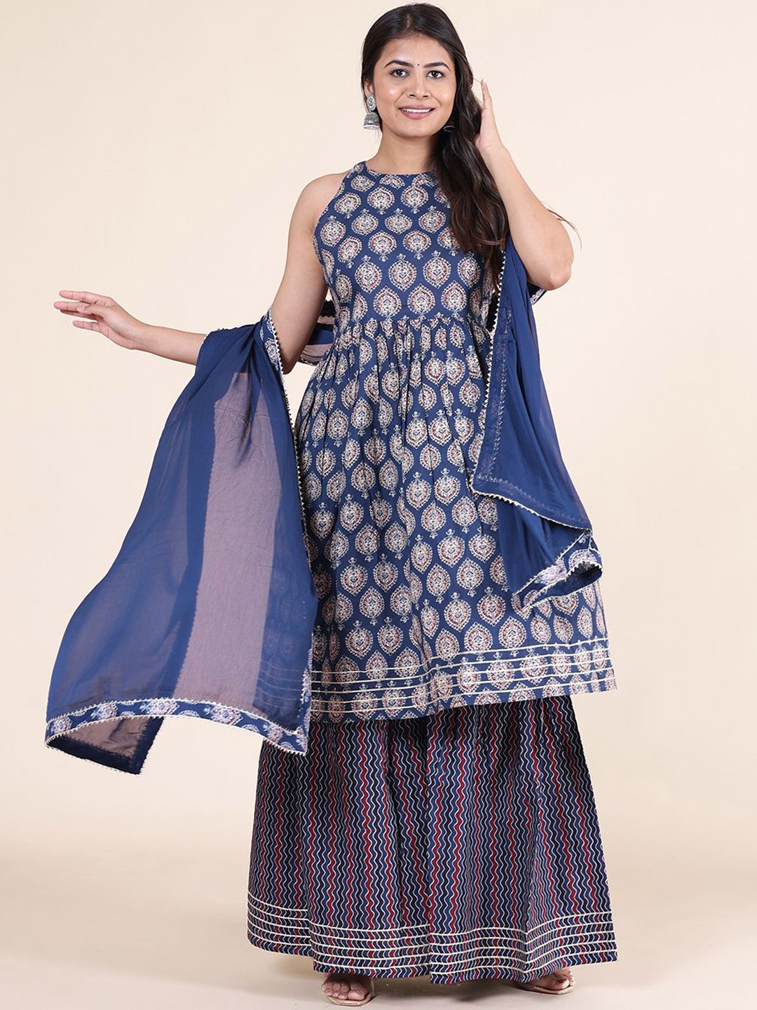 HERE&NOW Women Floral Printed Regular Gotta Patti Pure Cotton Kurta with Sharara & With Dupatta, Blue
HERE&NOW Women Floral Printed Regular Gotta Patti Pure Cotton Kurta with Sharara & With Dupatta, Blue