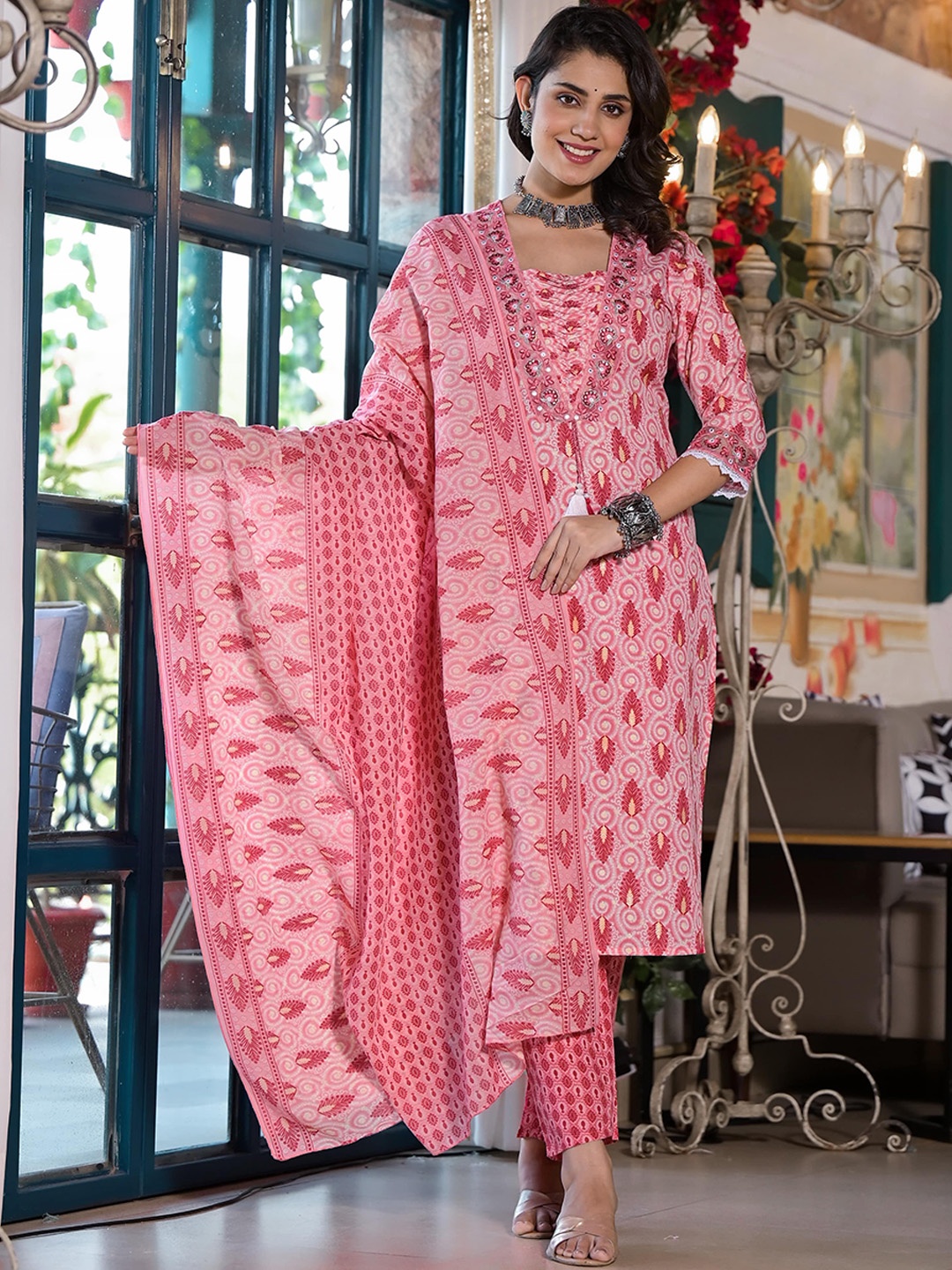 KALINI Women Floral Printed Regular Thread Work Kurta with Trousers & With Dupatta, Pink
KALINI Women Floral Printed Regular Thread Work Kurta with Trousers & With Dupatta, Pink