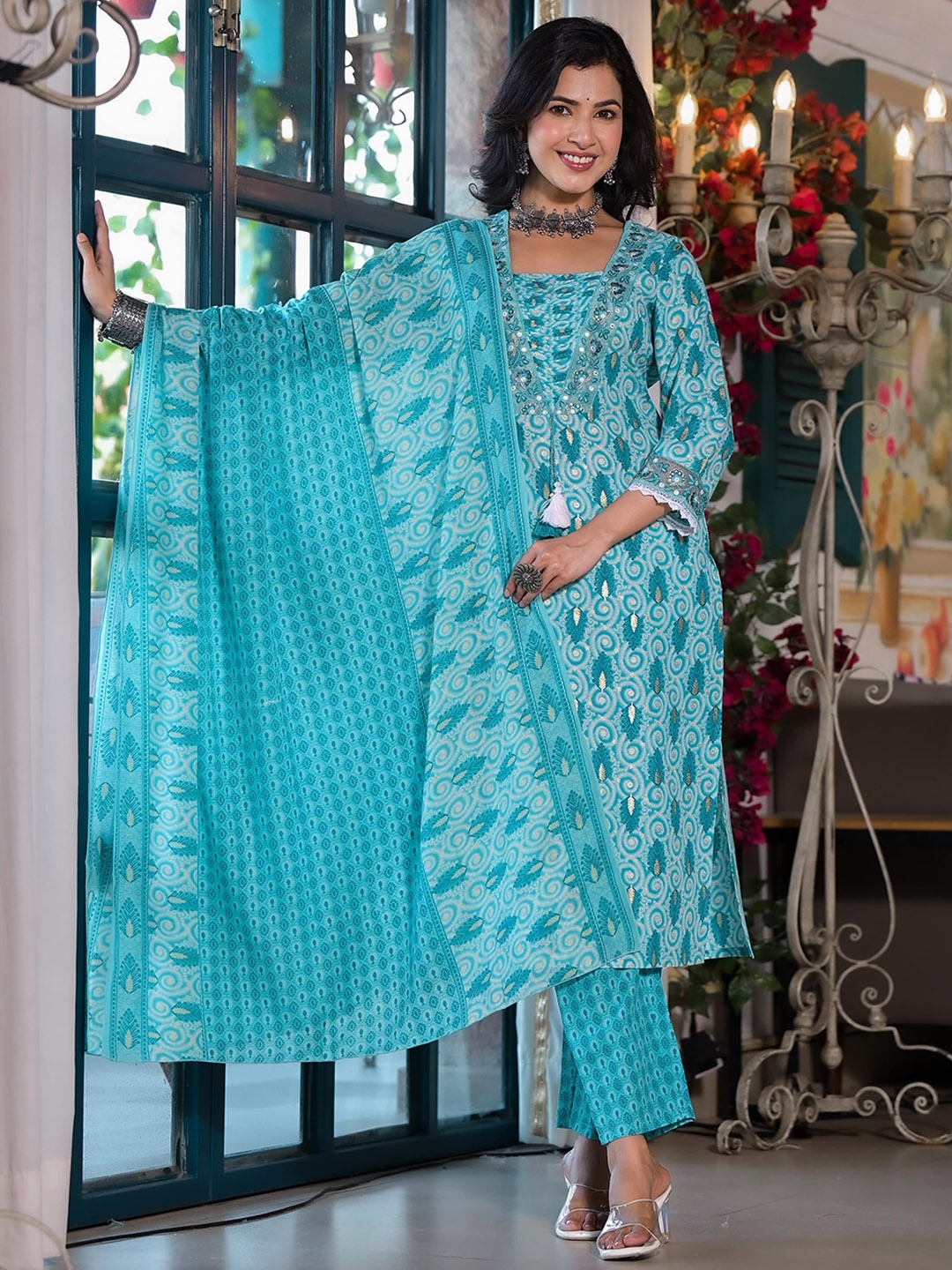 KALINI Women Floral Printed Regular Mirror Work Kurta with Trousers & With Dupatta, Blue
KALINI Women Floral Printed Regular Mirror Work Kurta with Trousers & With Dupatta, Blue