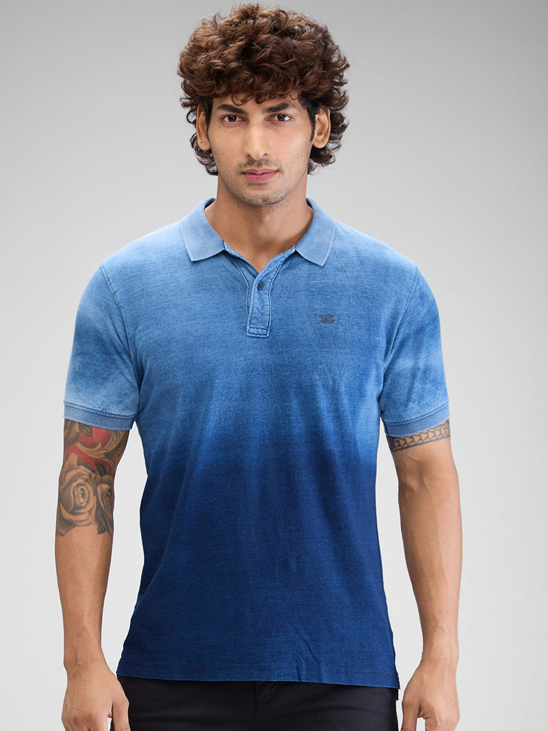 ColorPlus Men Dyed Polo Collar Applique T-shirt, Blue 
ColorPlus Men Dyed Polo Collar Applique T-shirt, Blue
