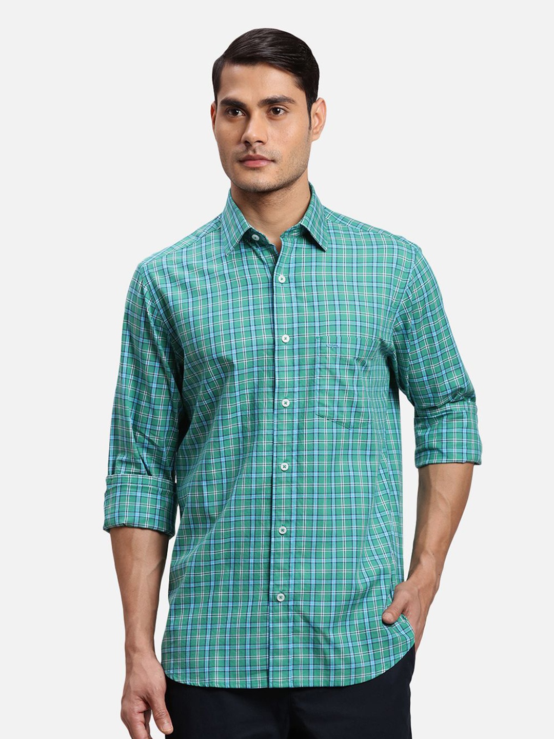 ColorPlus Men Opaque Checked Casual Shirt, Green