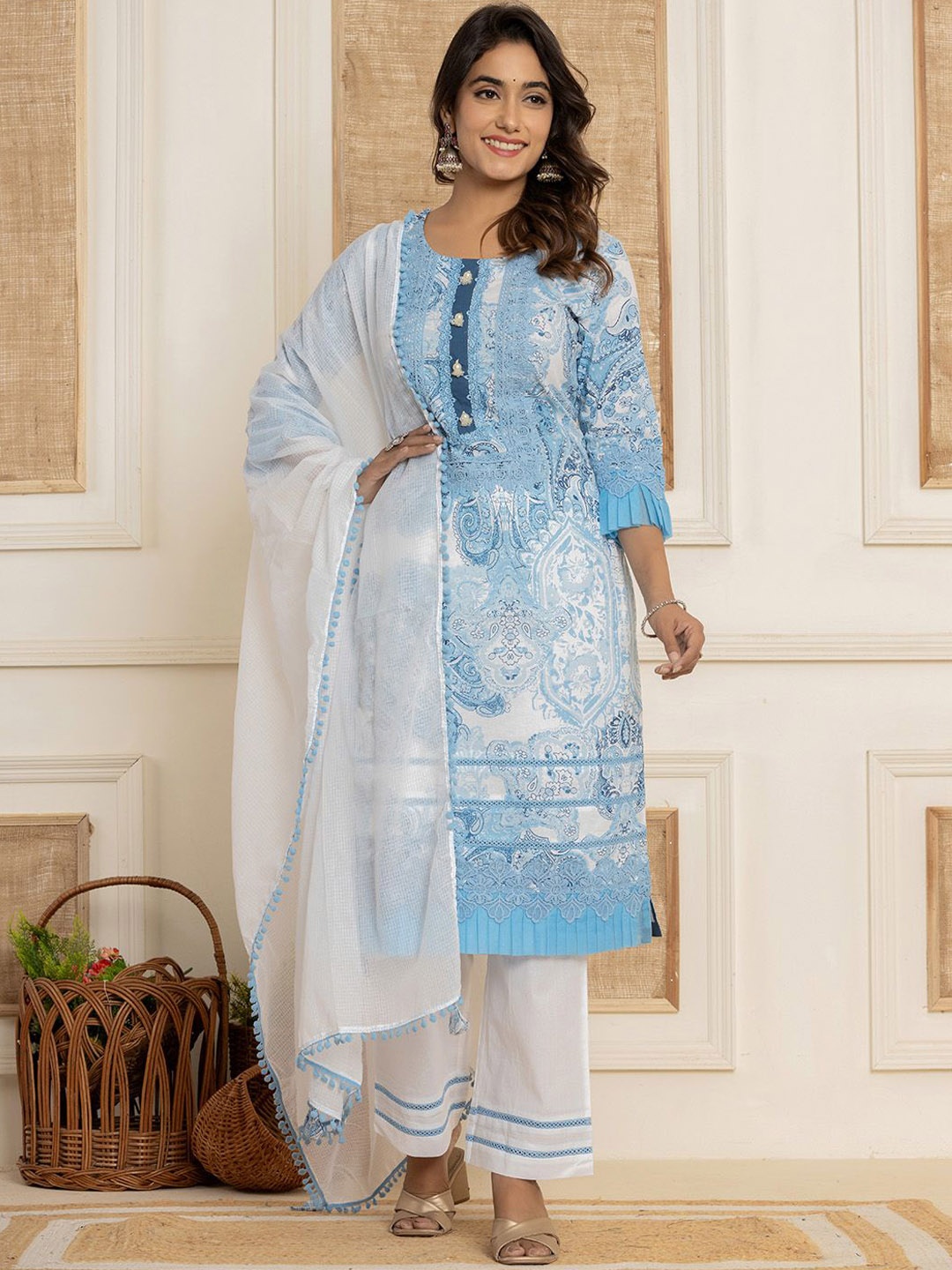 Yufta Women Ethnic Motifs Printed Pure Cotton Kurta with Trousers & With Dupatta, Blue
Yufta Women Ethnic Motifs Printed Pure Cotton Kurta with Trousers & With Dupatta, Blue