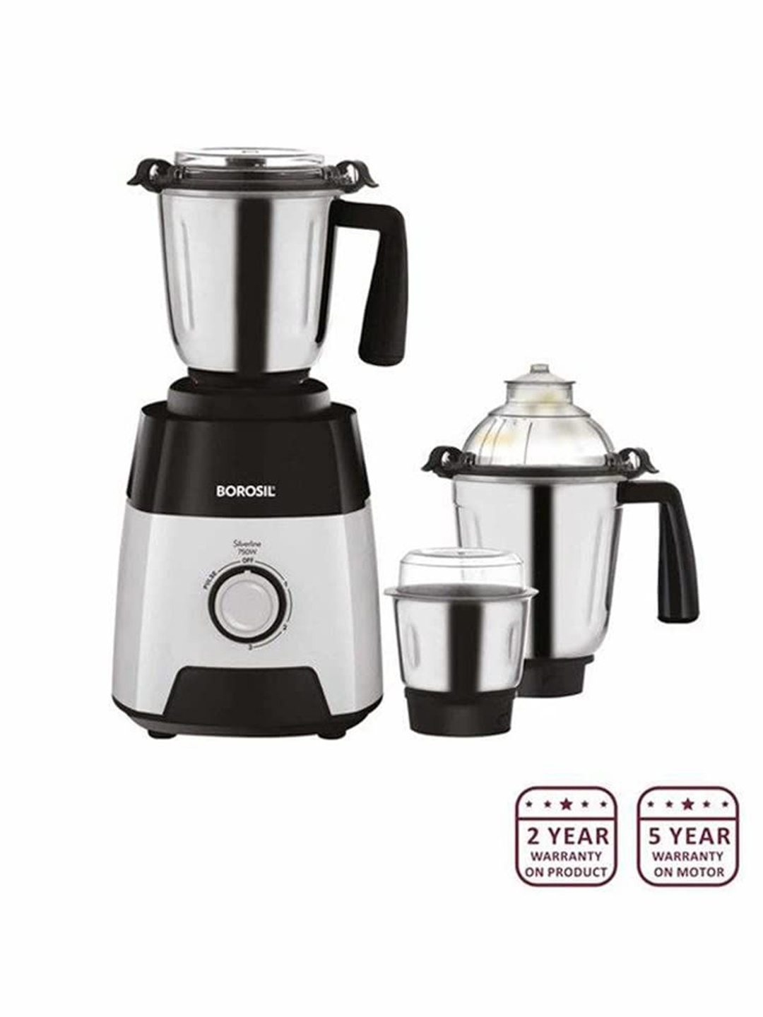 BOROSIL Silverline Black Mixer Grinder For Wet Or Dry Mixing & Grinding 750 Watts 3 Jars
BOROSIL Silverline Black Mixer Grinder For Wet Or Dry Mixing & Grinding 750 Watts 3 Jars