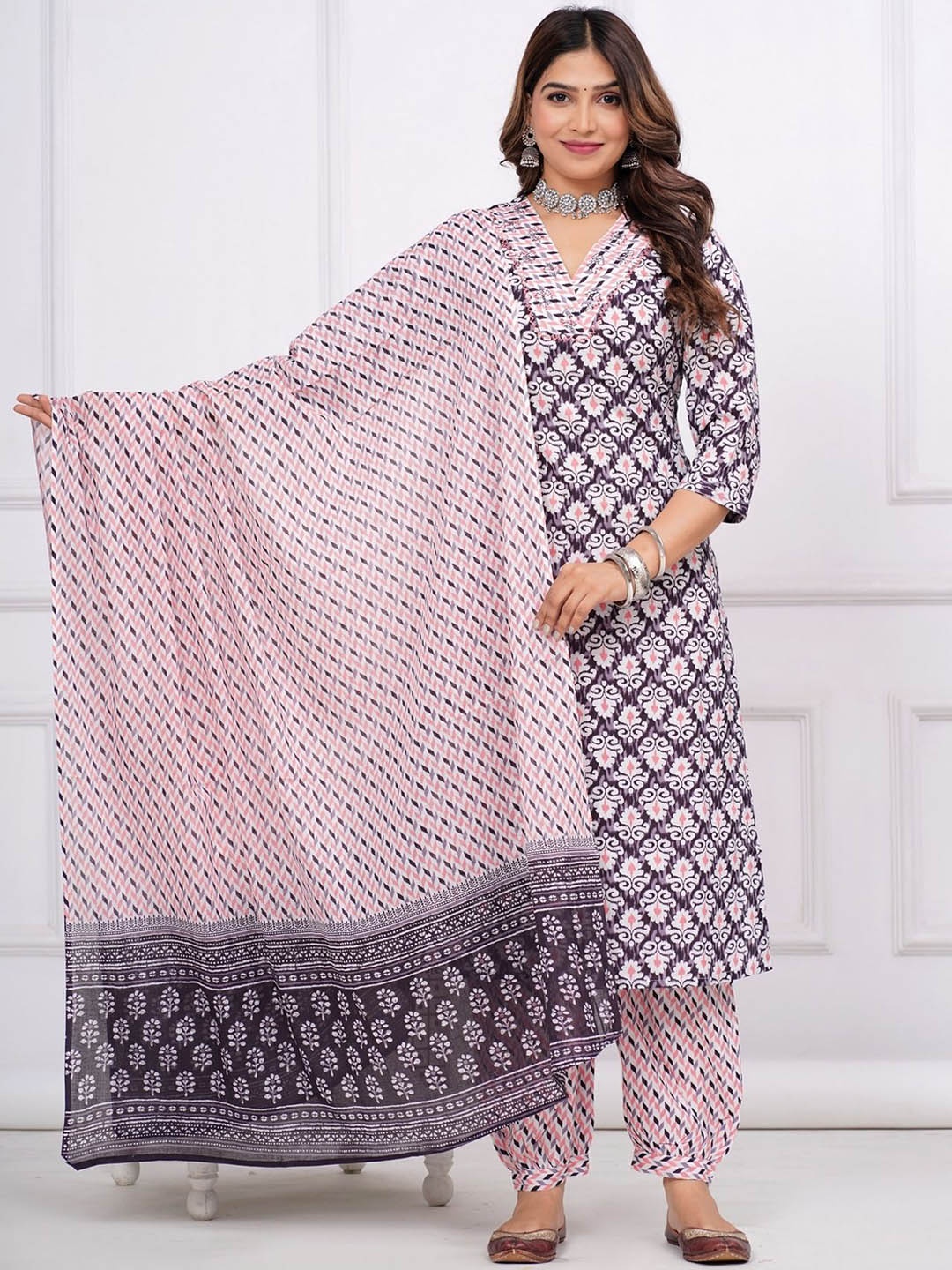 KALINI Women Floral Yoke Design Pure Cotton Kurta with Trousers & With Dupatta, Brown
KALINI Women Floral Yoke Design Pure Cotton Kurta with Trousers & With Dupatta, Brown