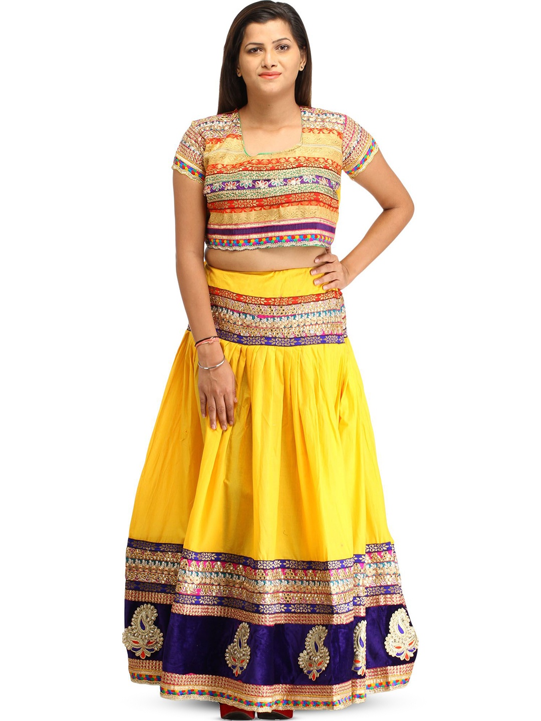 Exotic India Two Piece Lehenga Choli with Zari-Embroidery and Paisley Patches on Border, Yellow
Exotic India Two Piece Lehenga Choli with Zari-Embroidery and Paisley Patches on Border, Yellow