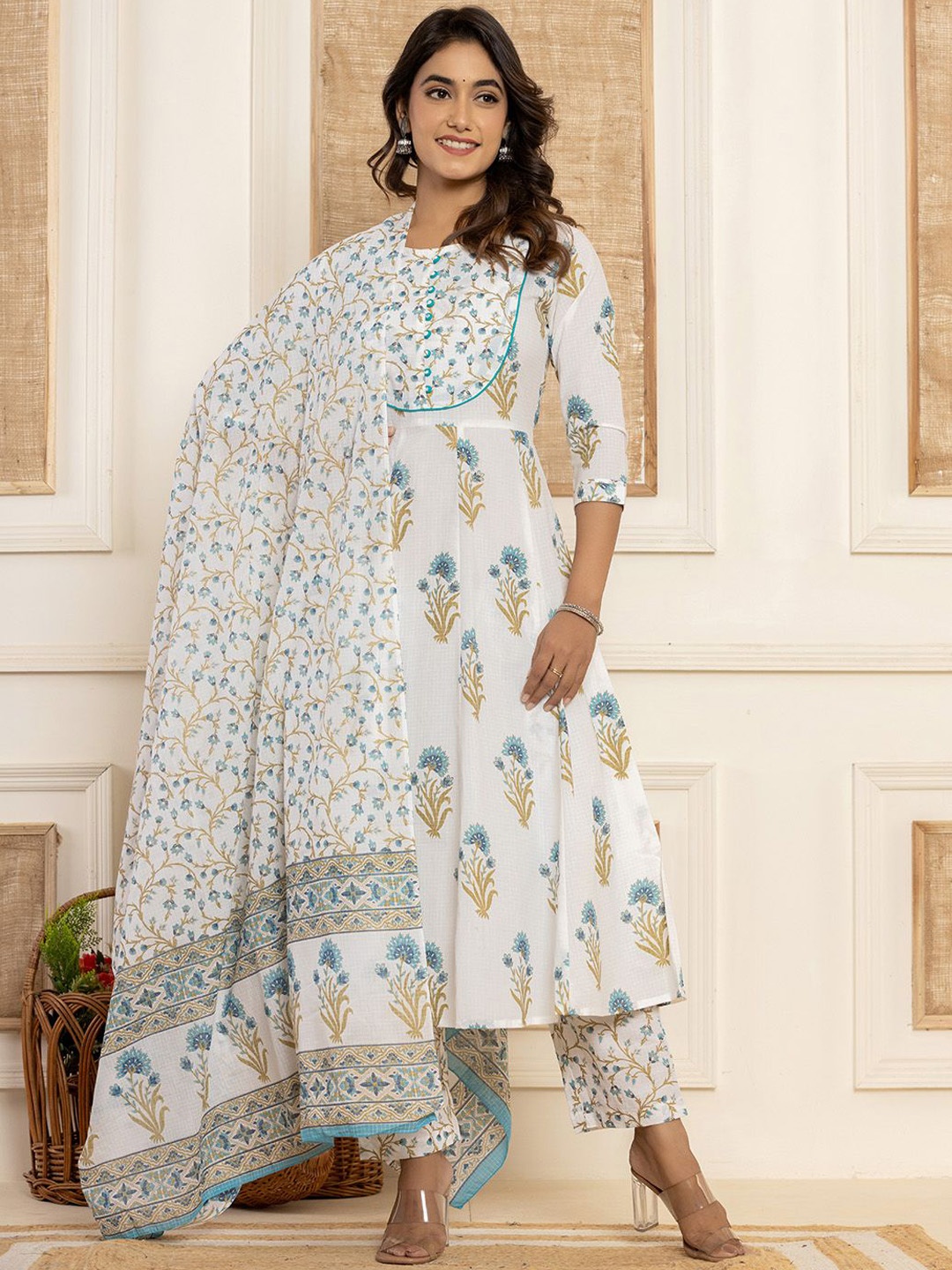 Yufta Women Pure Cotton Floral Printed Anarkali Kurta with Trousers & Dupatta, White
Yufta Women Pure Cotton Floral Printed Anarkali Kurta with Trousers & Dupatta, White