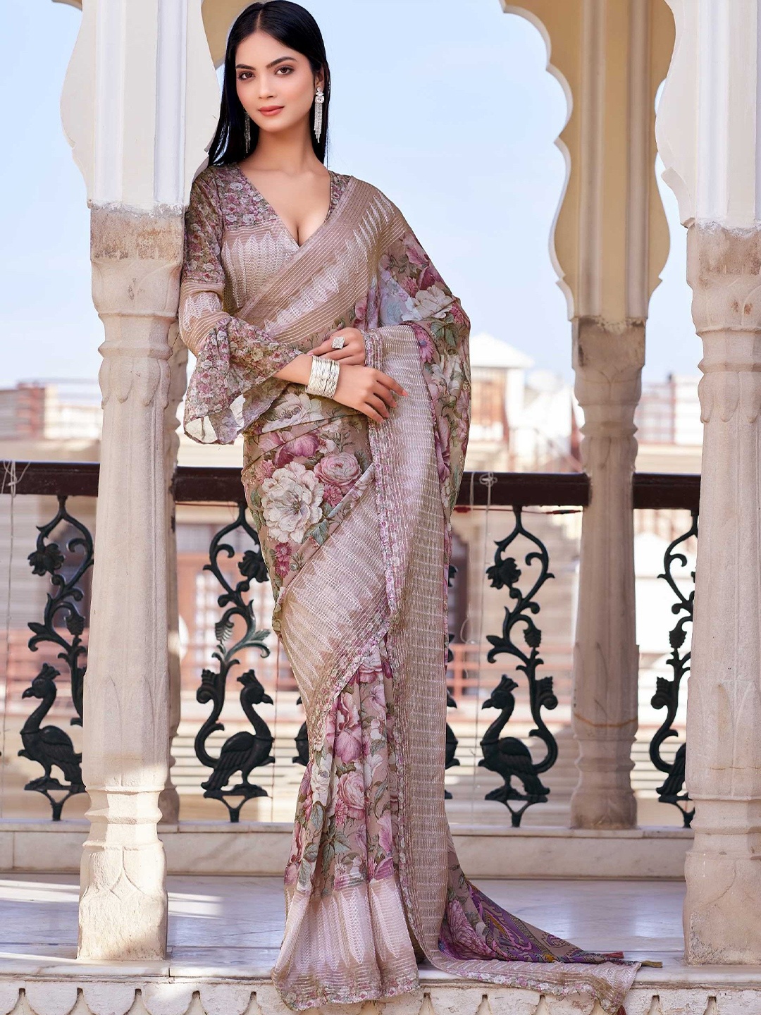 Mitera Floral Embellished Sequinned Saree, Beige