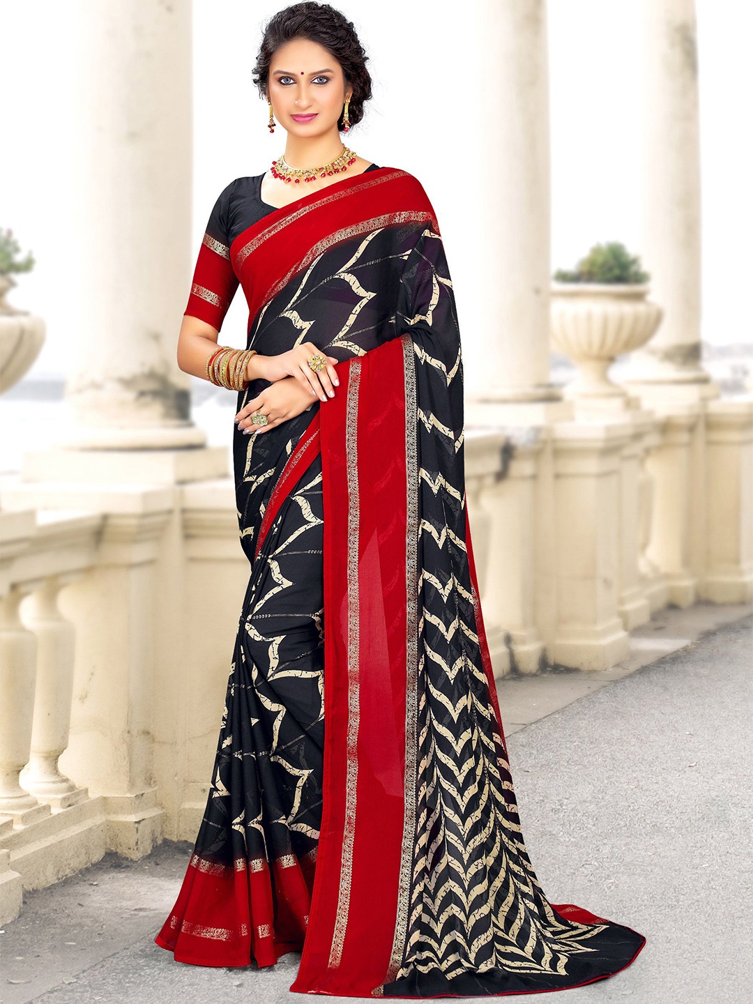 Mitera Zari Printed Saree, Black