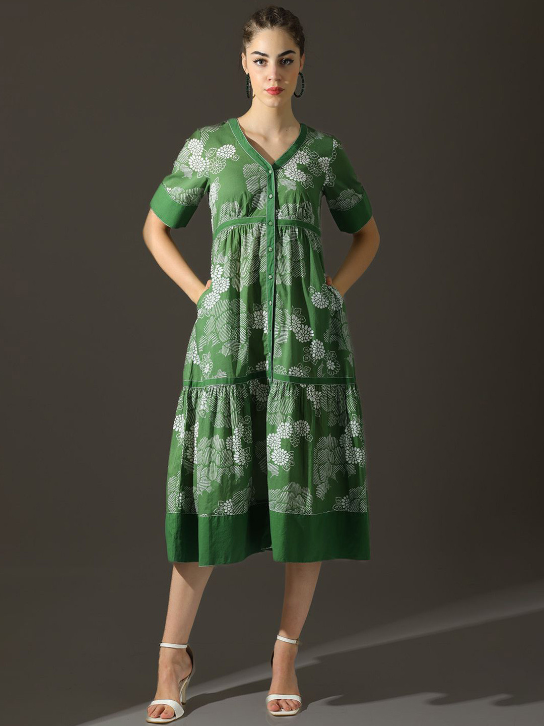 Dora Dori Floral Printed A-Line Pure Cotton V-Neck Thread Work Maxi Dress, Green
Dora Dori Floral Printed A-Line Pure Cotton V-Neck Thread Work Maxi Dress, Green