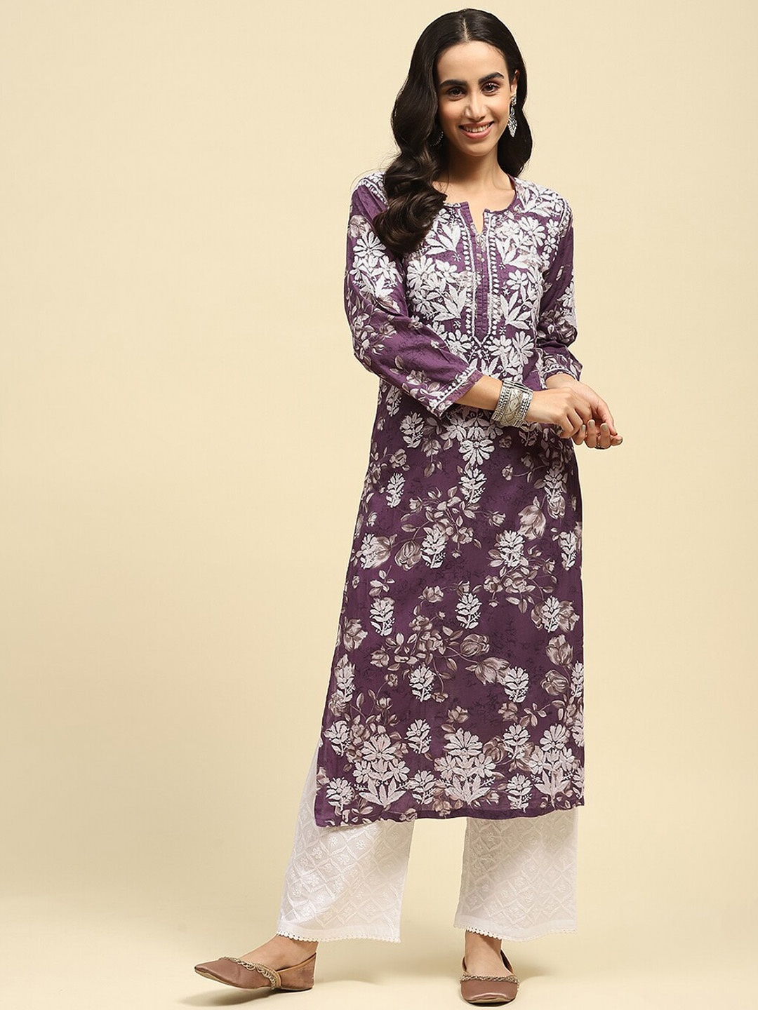 House of Chikankari Women Yoke Design Flared Sleeves Sequinned Anarkali Kurta, Purple
House of Chikankari Women Yoke Design Flared Sleeves Sequinned Anarkali Kurta, Purple