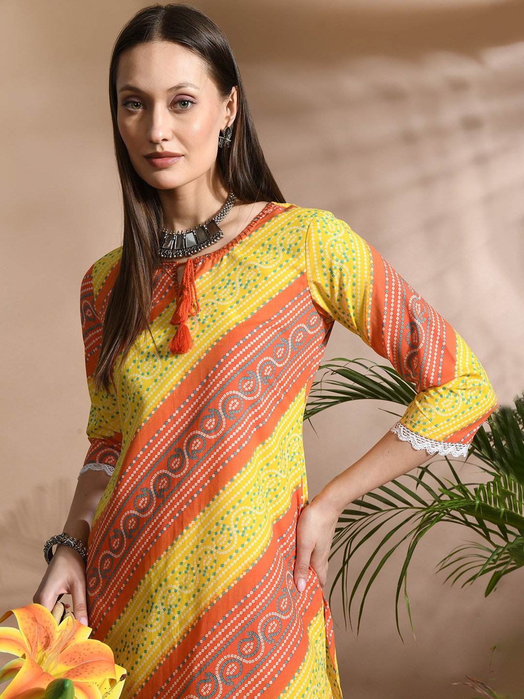 CRENOL THREADS Women Bandhani Printed Regular Pure Cotton Kurta with Palazzos, Yellow
CRENOL THREADS Women Bandhani Printed Regular Pure Cotton Kurta with Palazzos, Yellow