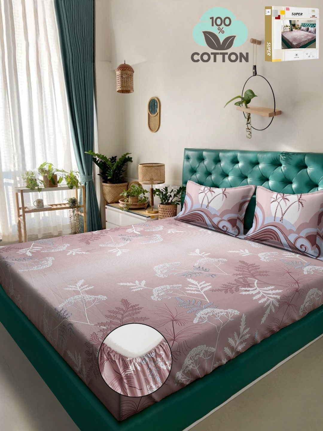 KLOTTHE Pink Printed 400 TC Pure Cotton Super King Fitted Bedsheet & 2 Pillow Covers
KLOTTHE Pink Printed 400 TC Pure Cotton Super King Fitted Bedsheet & 2 Pillow Covers