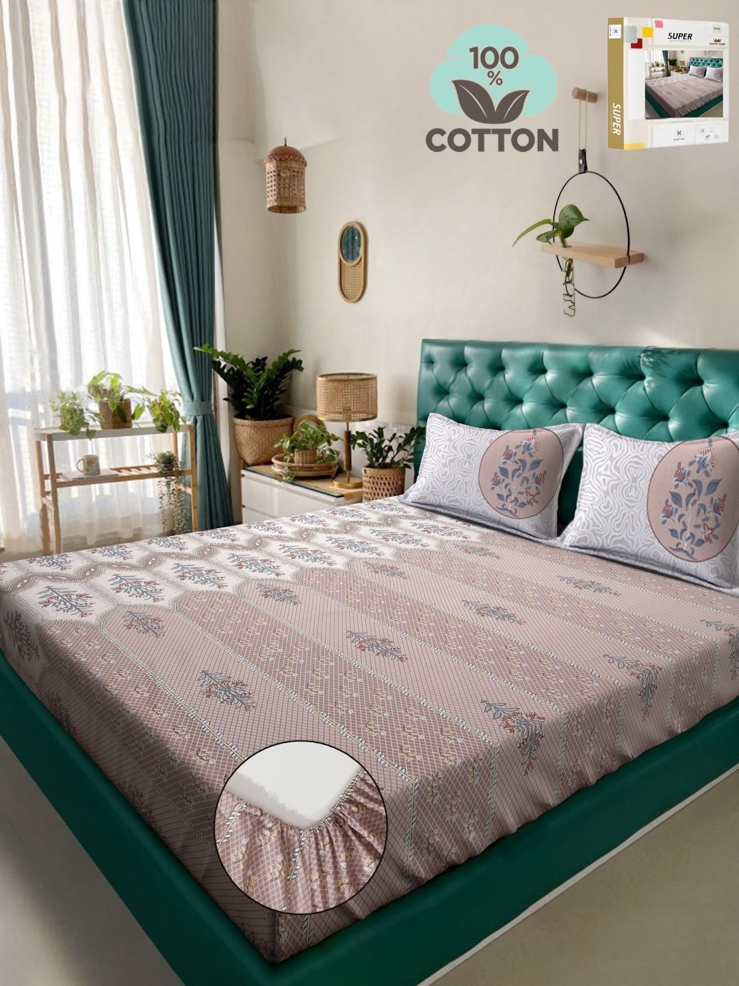 KLOTTHE Peach Printed 400 TC Pure Cotton Super King Fitted Bedsheet & 2 Pillow Covers
KLOTTHE Peach Printed 400 TC Pure Cotton Super King Fitted Bedsheet & 2 Pillow Covers